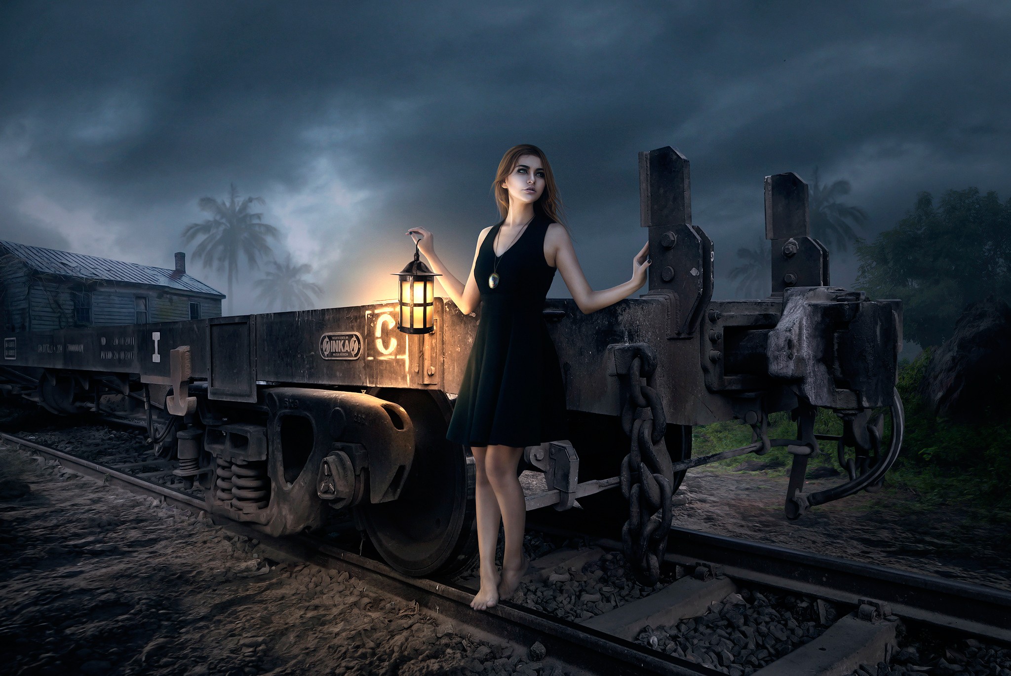 General 2048x1370 night model vehicle women women outdoors black clothing outdoors digital art barefoot railway lantern sky dress overcast train black dress clouds palm trees looking away parted lips long hair bare shoulders necklace