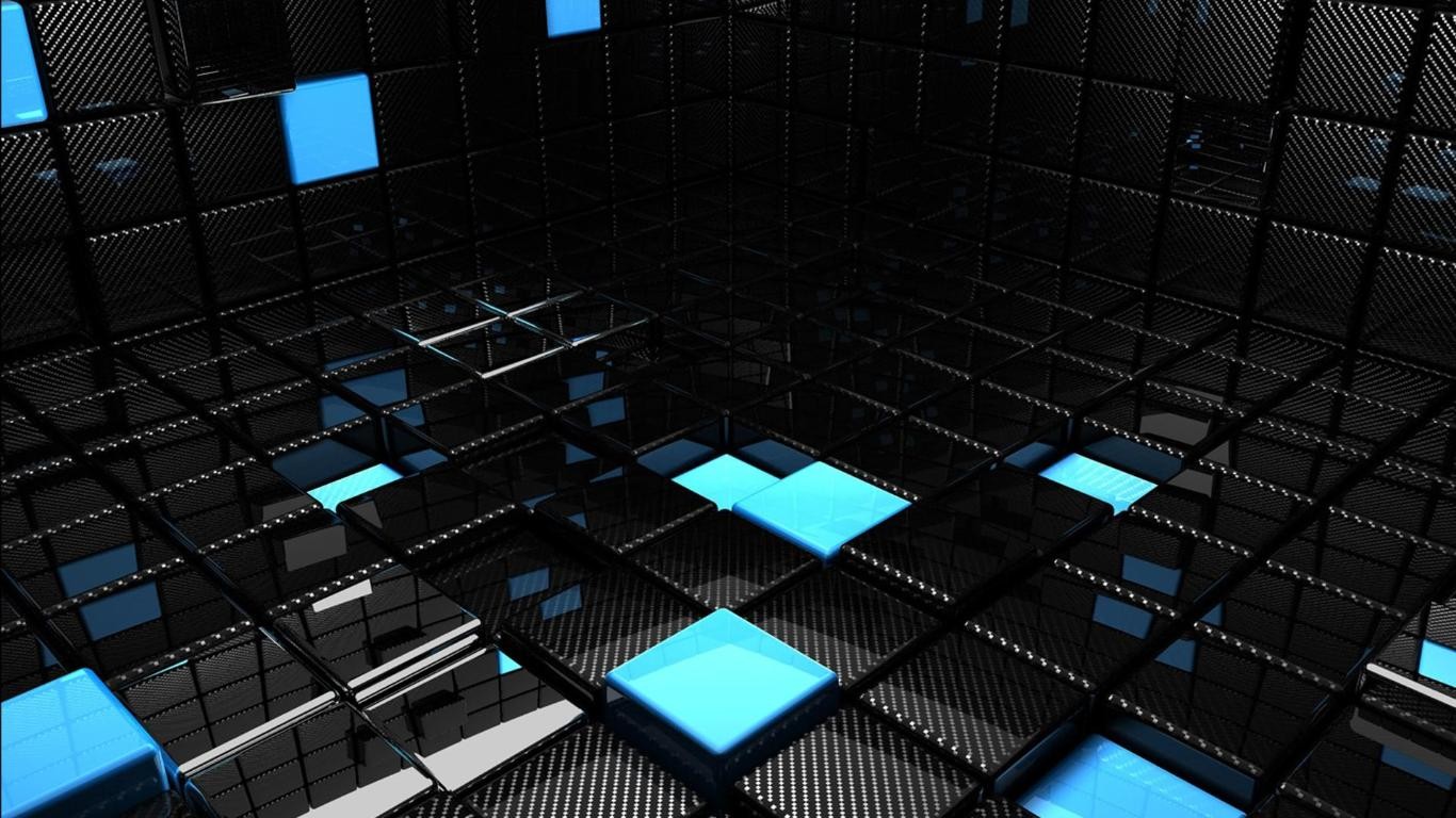 General 1366x768 CGI square black blue 3D blocks digital art cyan 3D Abstract