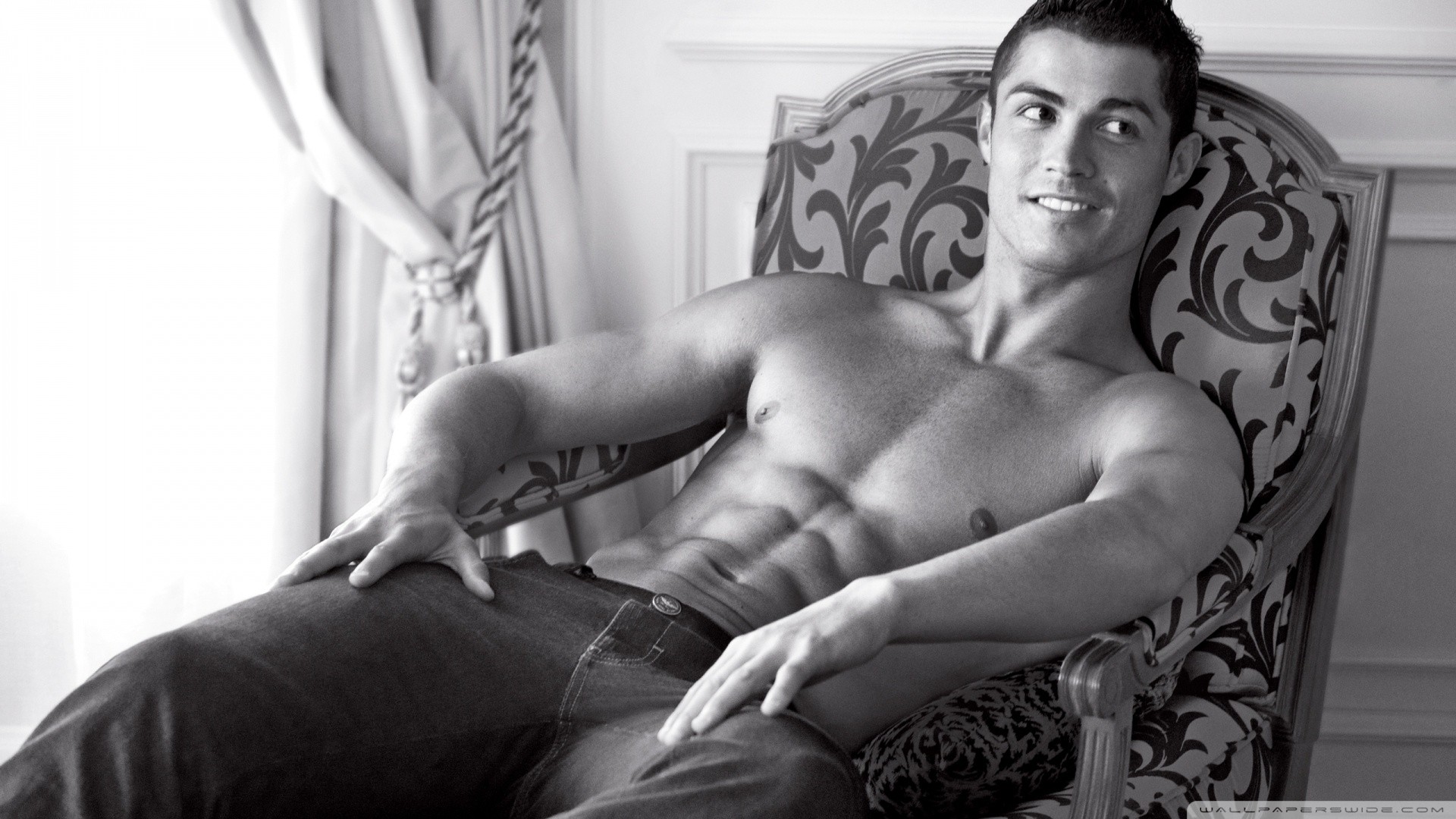 People 1920x1080 Cristiano Ronaldo monochrome footballers men shirtless model celebrity abs muscles men indoors looking away athletes short hair