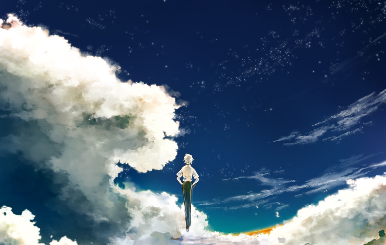 Anime 1350x858 anime Neon Genesis Evangelion landscape sky men Kaworu Nagisa clouds short hair white hair stars flying