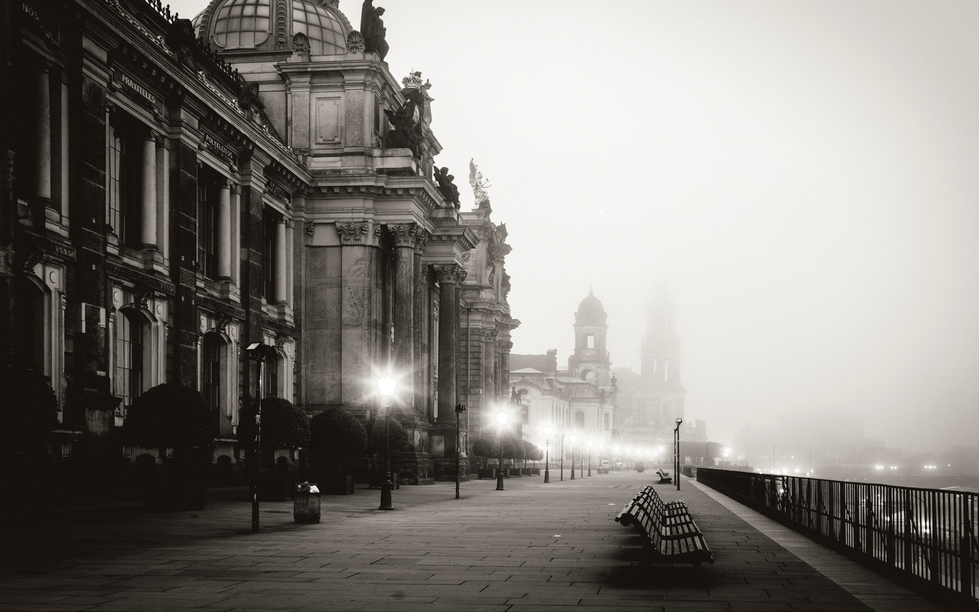 General 1920x1200 monochrome Dresden cityscape lights mist old building Germany