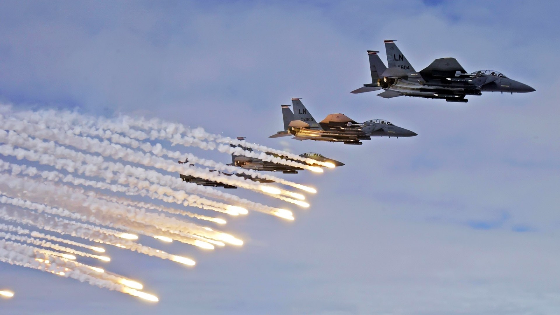 General 1920x1080 military aircraft airplane jets sky contrails military aircraft F-15 Eagle military vehicle vehicle flares