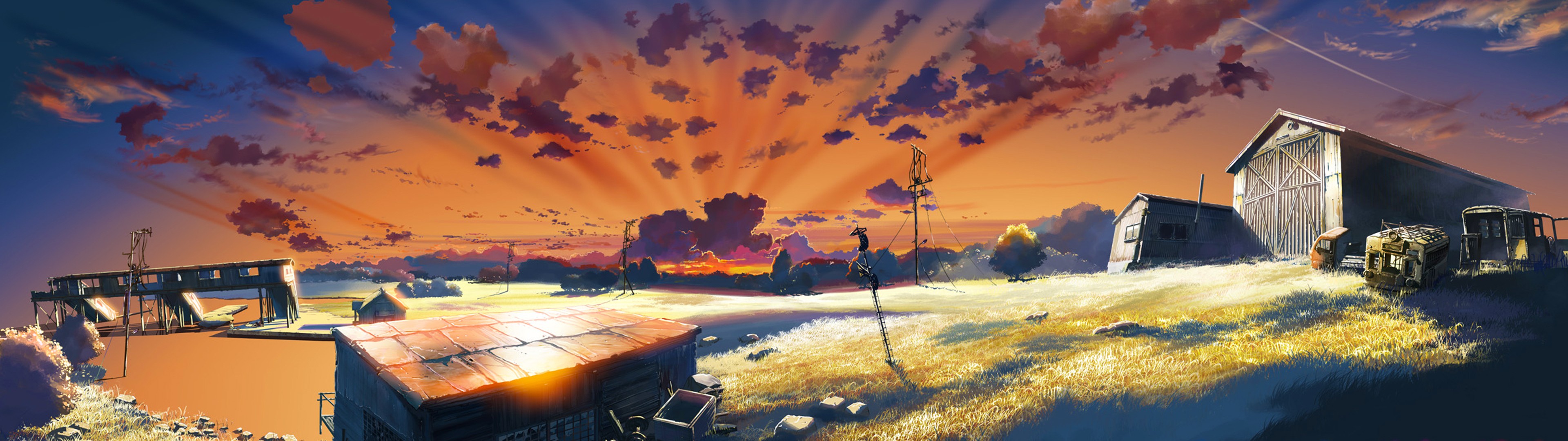 Anime 3840x1080 The Place Promised In Our Early Days anime sky outdoors barns clouds