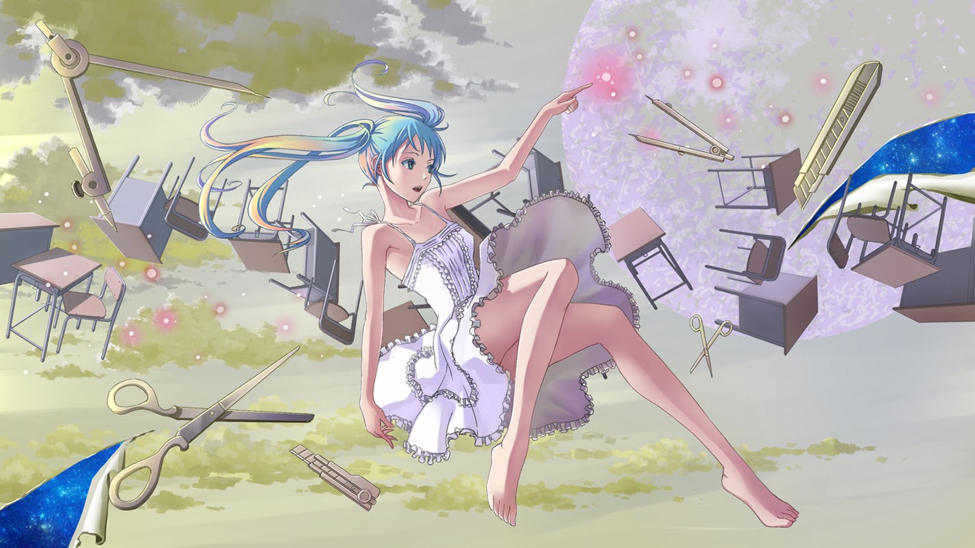 Anime 1422x800 anime Vocaloid Hatsune Miku anime girls blue hair legs barefoot long hair dress tools