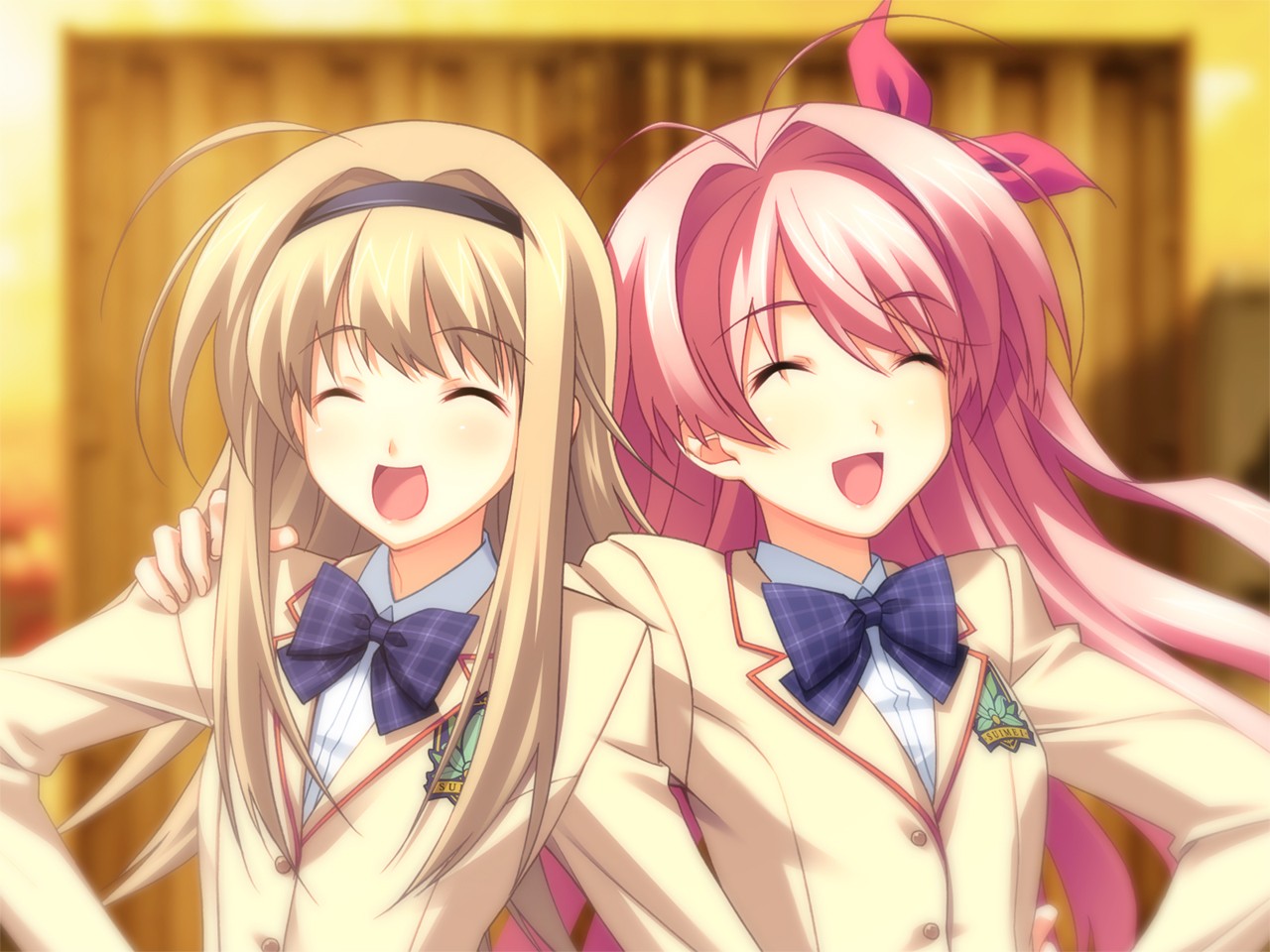 Anime 1280x960 Chaos;Head anime school uniform Sakihata Rimi Nishijou Nanami anime girls two women pink hair blonde open mouth closed eyes