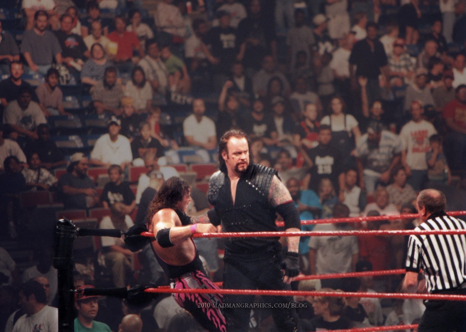 People 1500x1068 wrestling WWE wrestler wwf The Undertaker Bret Hart Earl Hebner crowds men