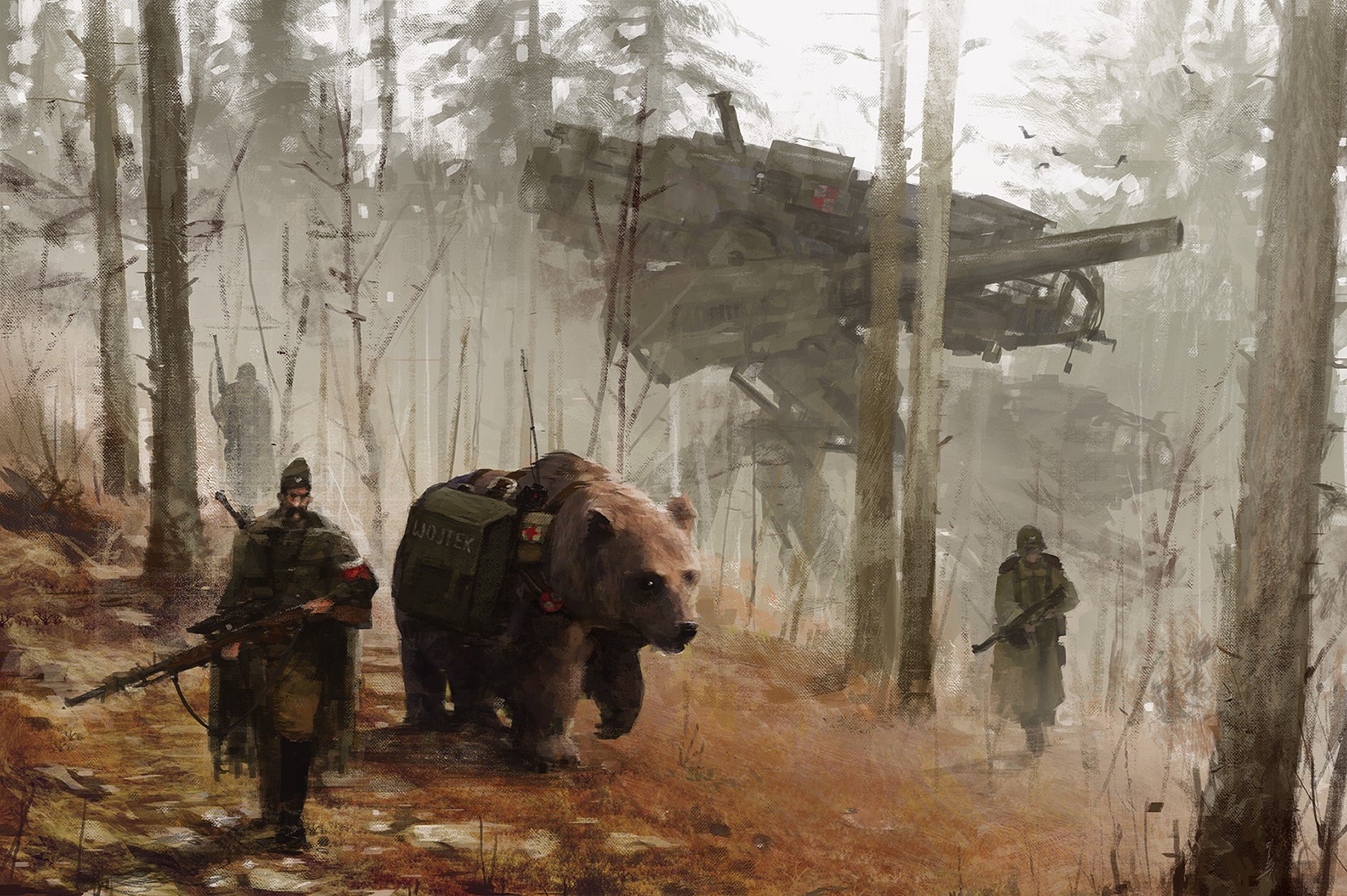 General 1654x1101 1920 digital art Wojtek Poland Jakub Różalski artwork bears men soldier science fiction weapon animals forest ArtStation