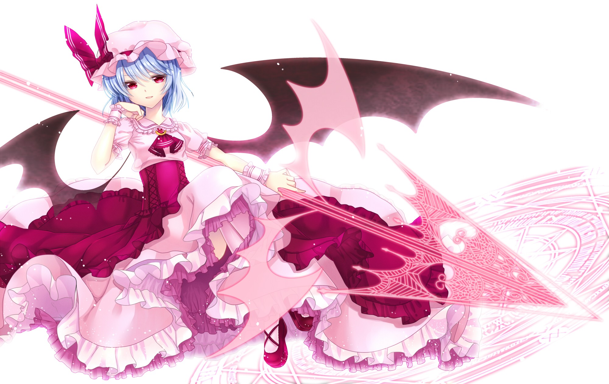 Anime 2000x1262 Touhou anime girls Remilia Scarlet wings silver hair red eyes simple background white background spear blue hair dress anime
