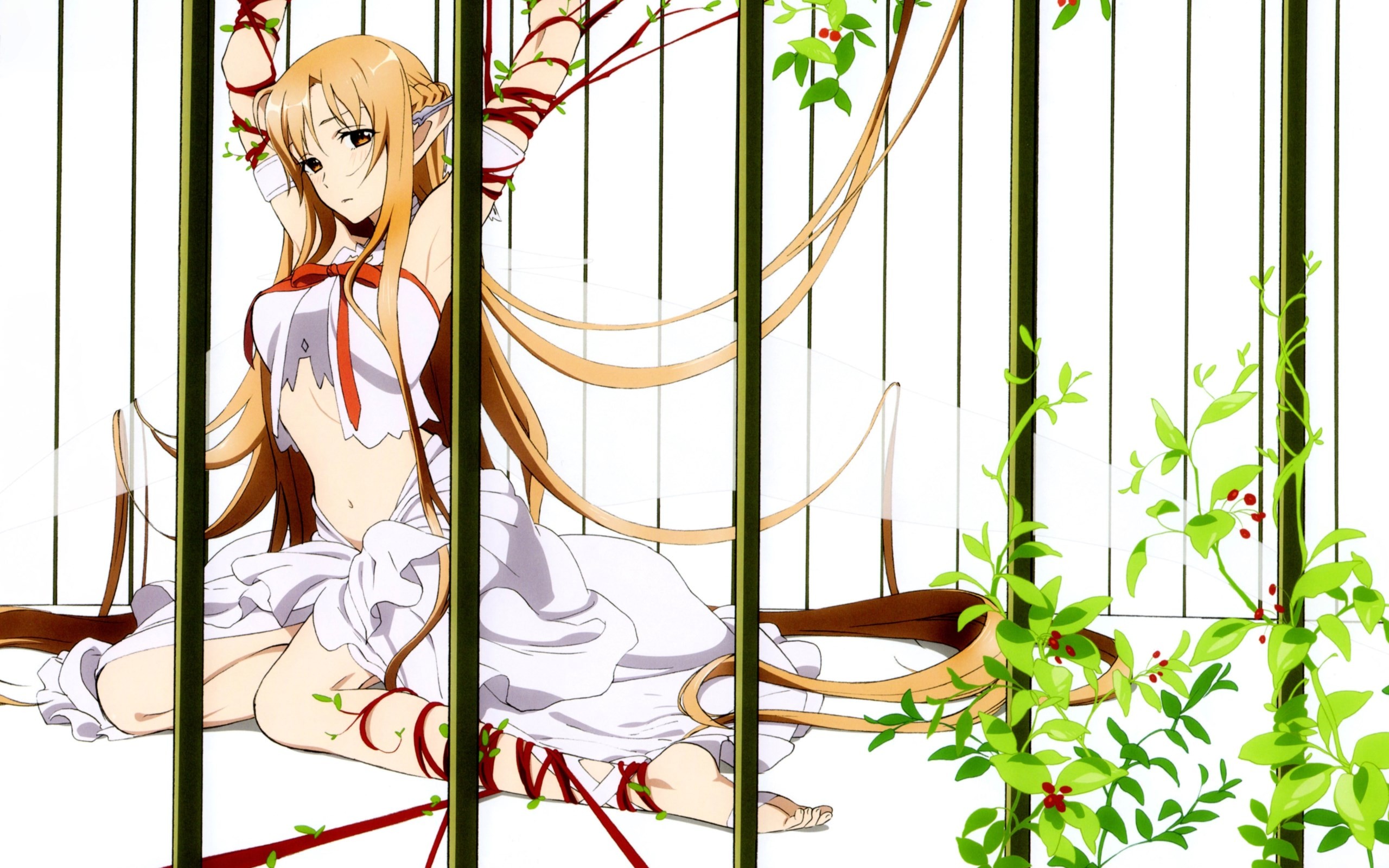 Anime 2560x1600 anime girls arms up long hair kneeling anime Sword Art Online Yuuki Asuna (Sword Art Online) elves cages