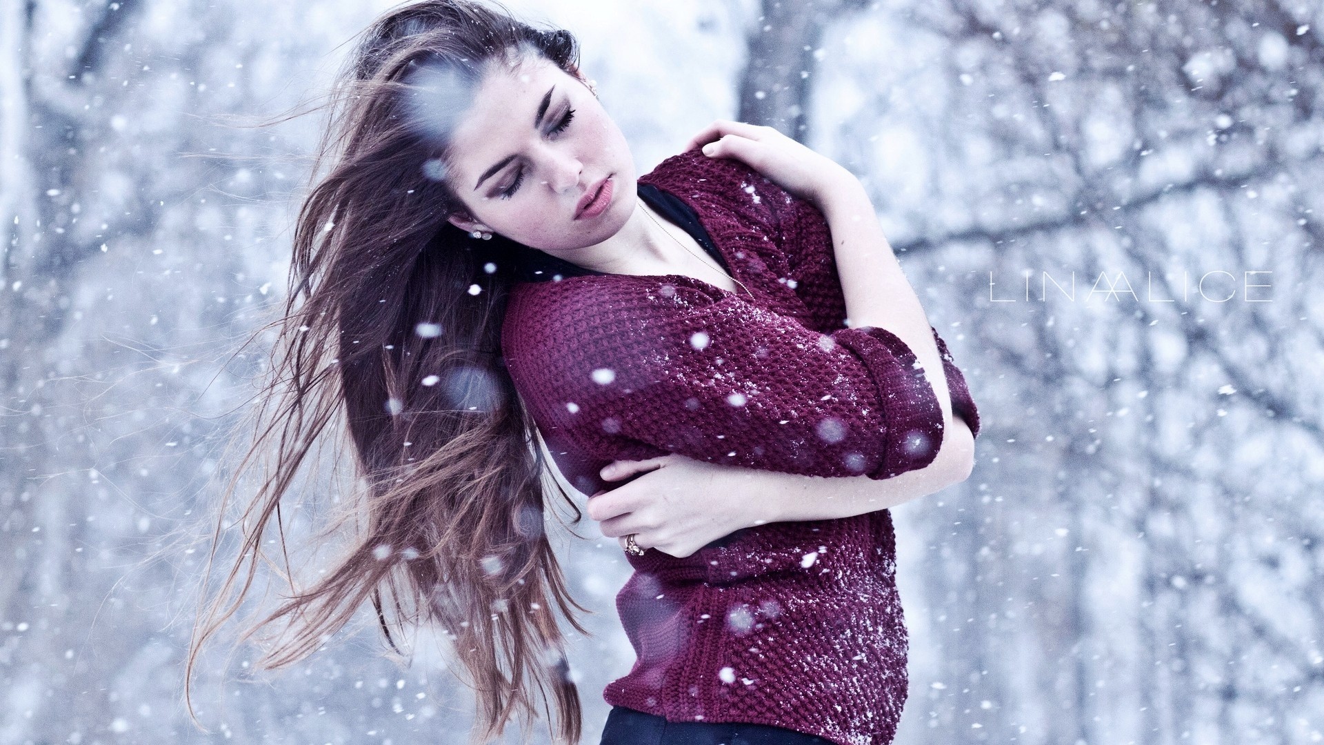People 1920x1080 women winter Lina sweater snow model women outdoors cold long hair closed eyes red sweater snowflakes arms crossed