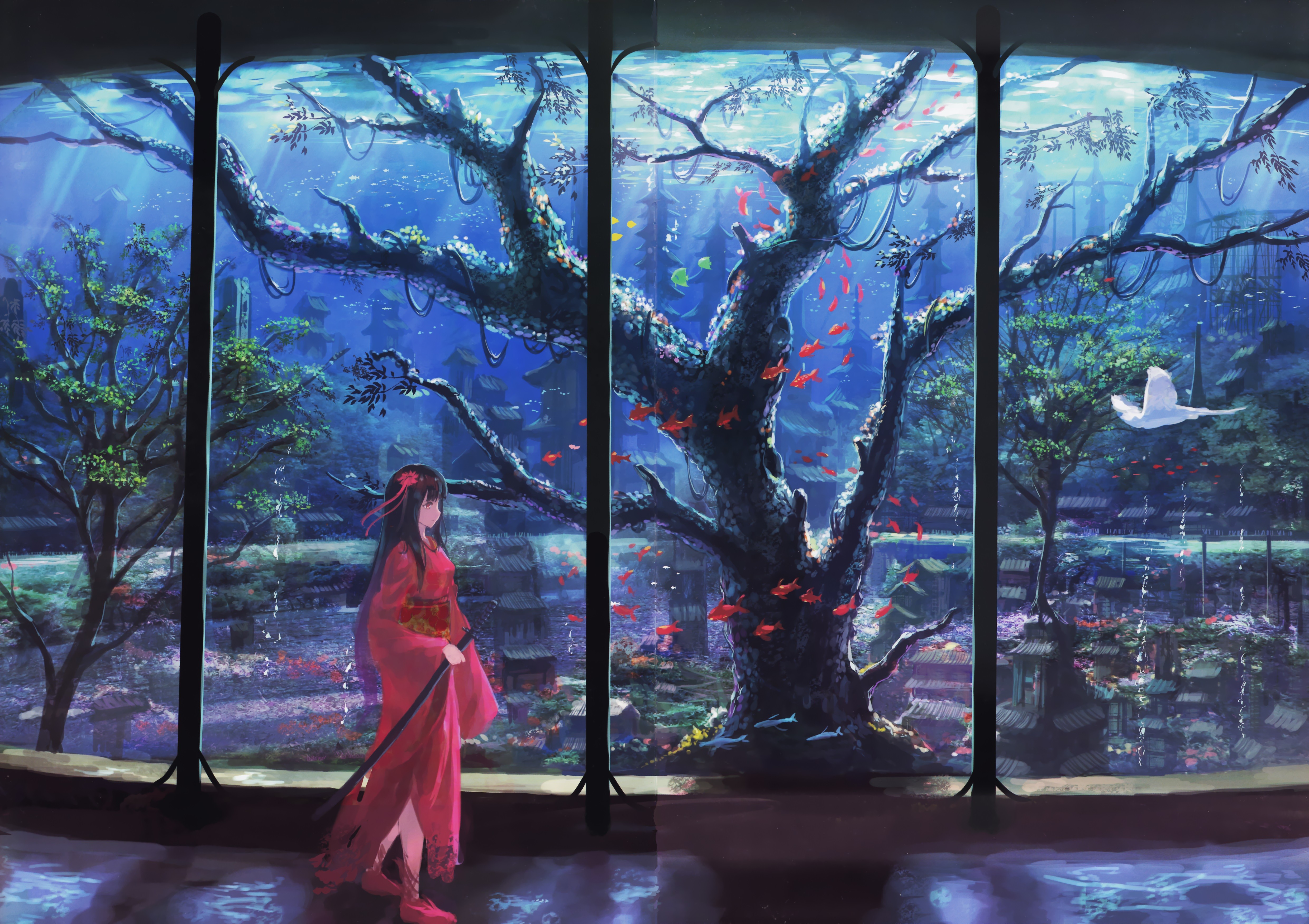 Anime 4962x3504 anime girls anime trees fantasy art fantasy girl sword women with swords dress red dress flower in hair dark hair