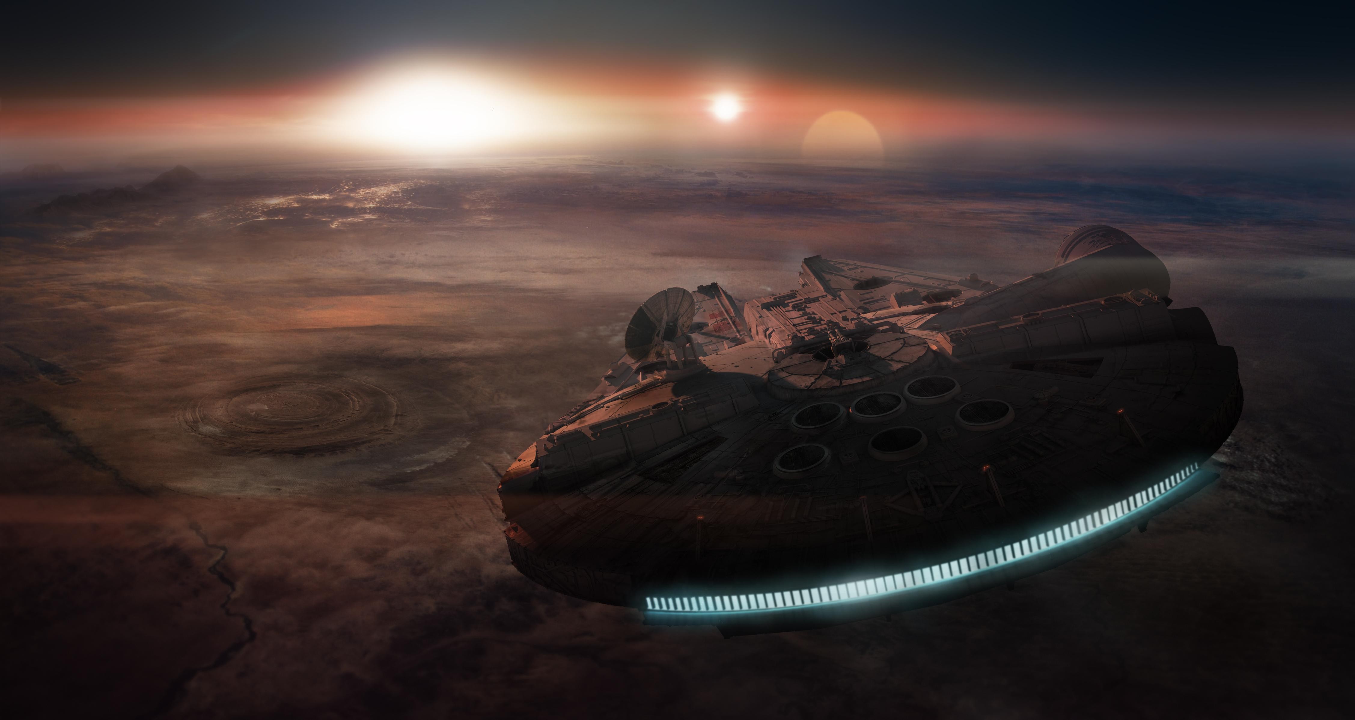 General 4509x2396 Star Wars Millennium Falcon desert sunset Star Wars Ships CGI digital art vehicle spaceship sky sunlight planet science fiction artwork