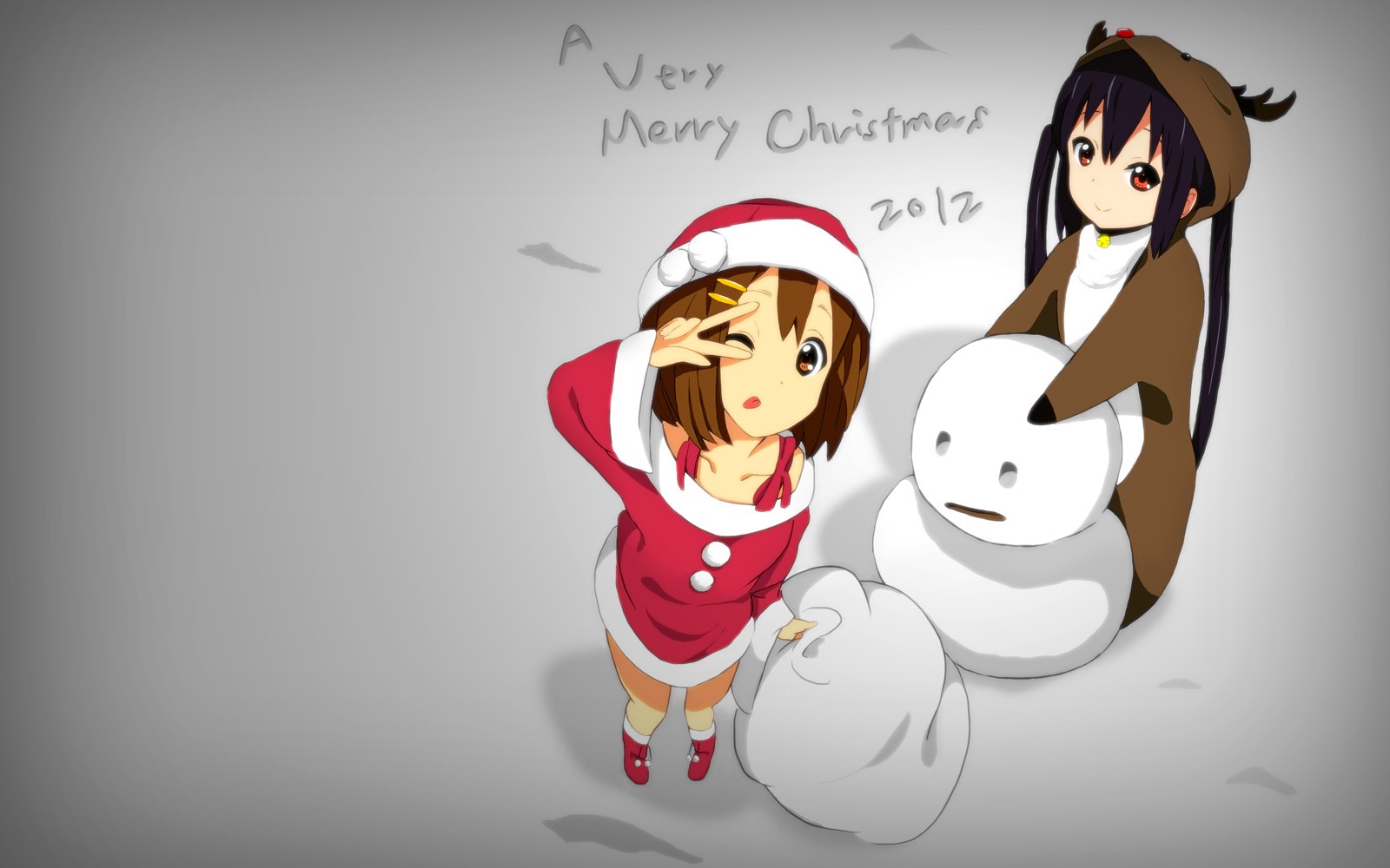 Anime 1600x1000 K-ON! Hirasawa Yui Nakano Azusa anime anime girls Christmas two women gradient gray background hand gesture one eye closed dark hair brunette snowman