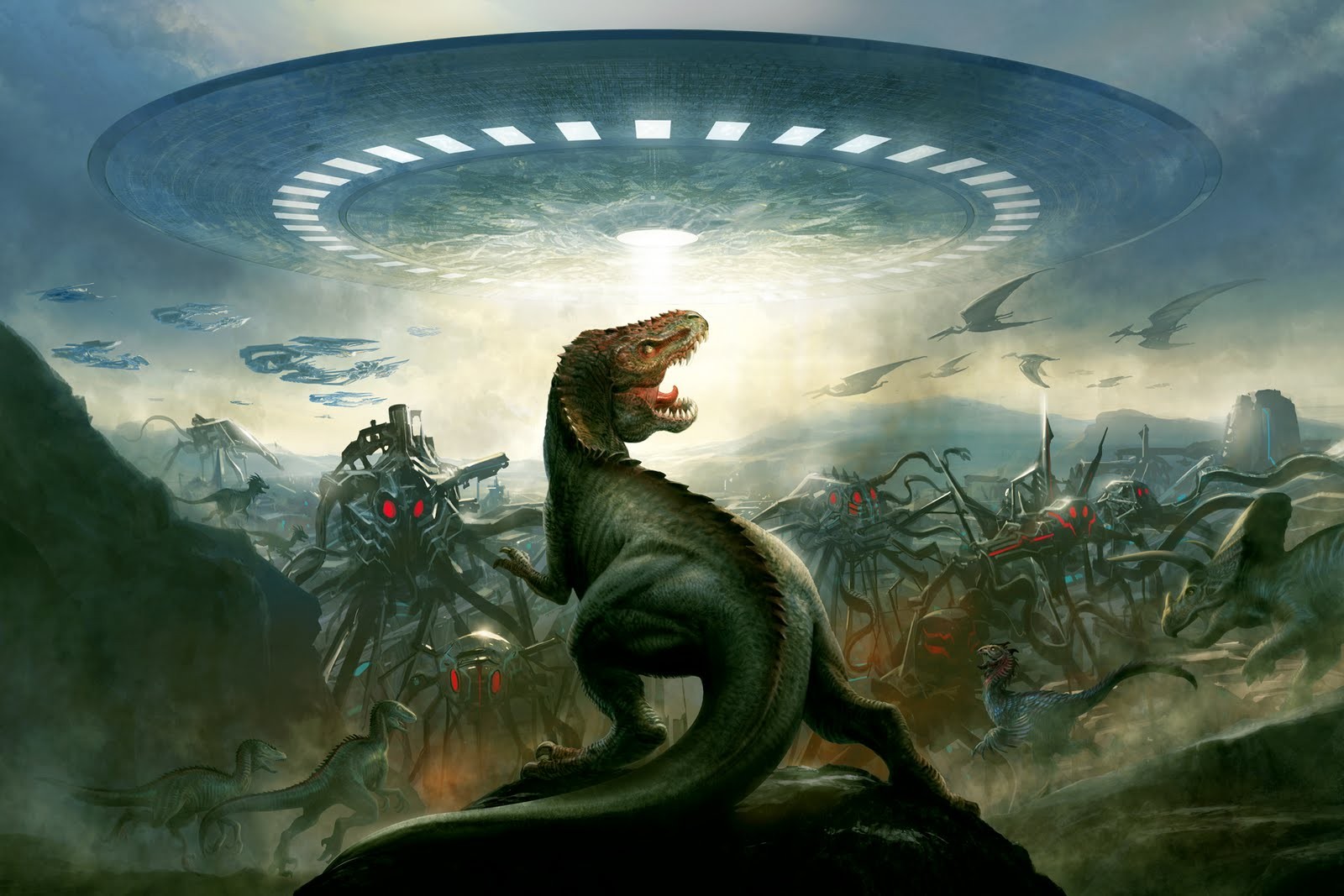 General 1600x1067 aliens digital art flying saucers spaceship dinosaurs UFO animals