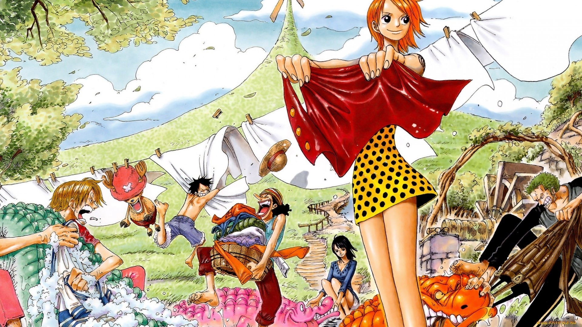 Anime 1920x1080 Tony Tony Chopper Usopp Sanji Roronoa Zoro anime girls anime boys redhead polka dots dress laundry Nico Robin One Piece