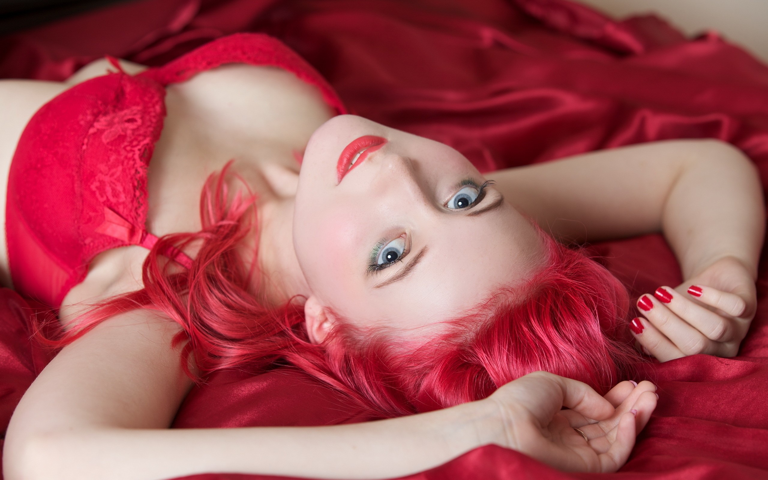 redhead red lingerie painted nails blue eyes push-up bras in bed pink hair red...