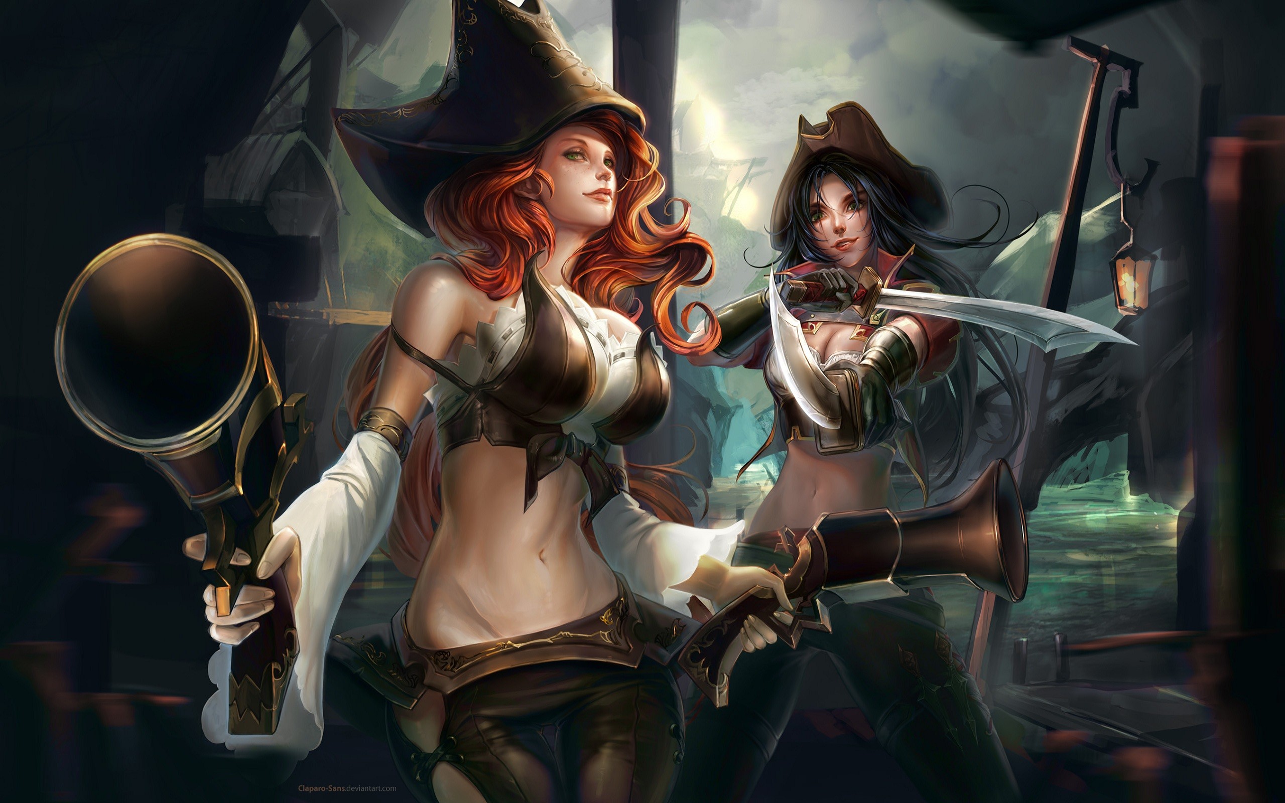 General 2560x1600 League of Legends video games gun hat sword long hair women Miss Fortune (League of Legends) Katarina (League of Legends) girls with guns dual wield PC gaming belly women with swords pirates two women video game girls video game art video game characters
