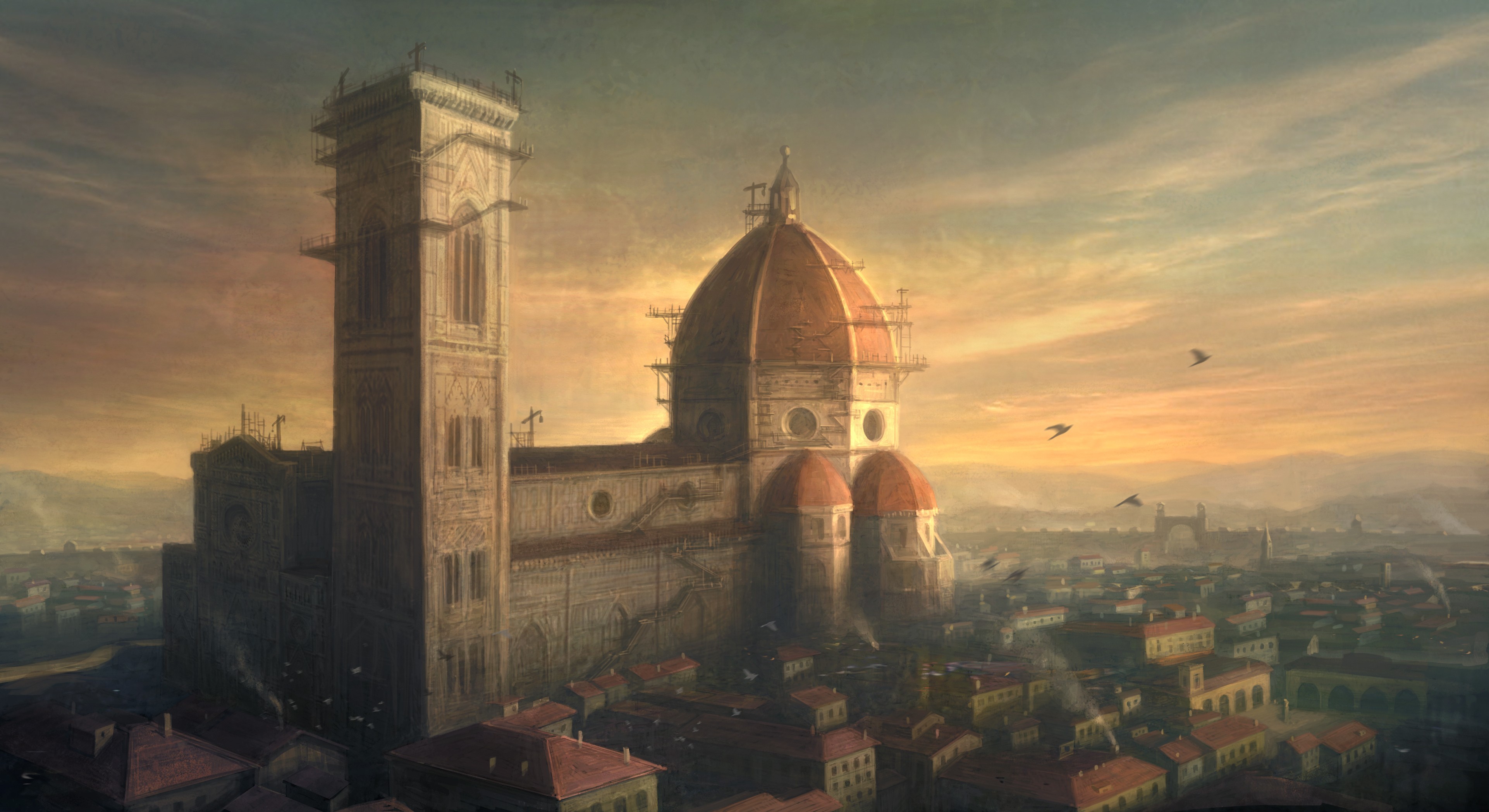 General 3844x2096 Assassin's Creed Florence video game art cityscape PC gaming artwork digital art video games sunset sunset glow orange sky clouds sky building