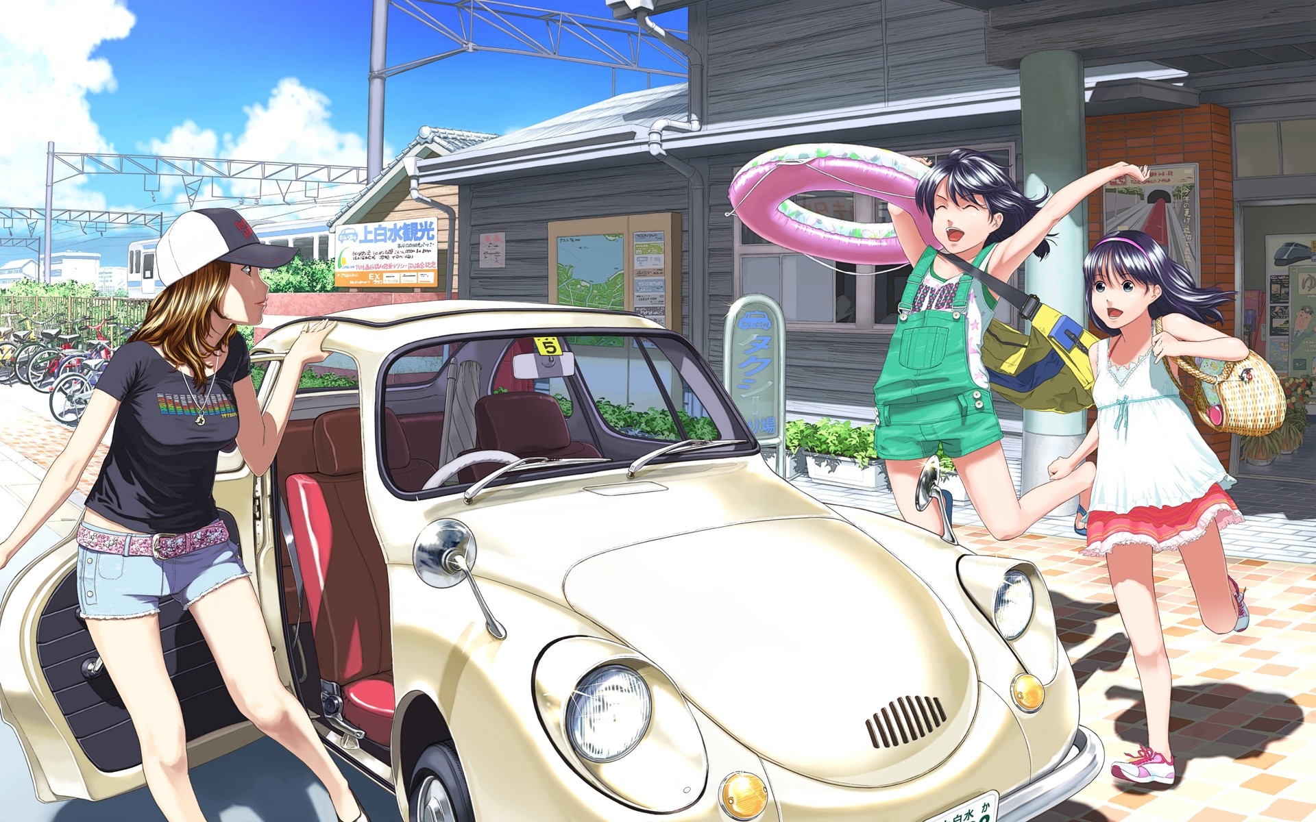 Anime 1920x1200 anime car original characters anime girls women with cars vehicle women trio hat necklace skirt jean shorts brunette arms up urban women outdoors women