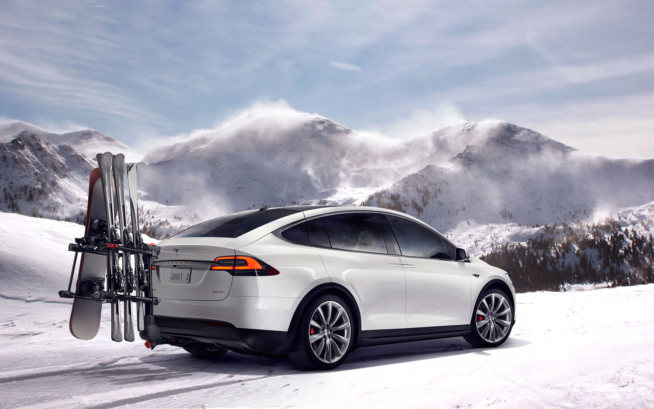General 2560x1600 Tesla Model X car snow snowboards skis mountains Tesla winter white cars vehicle