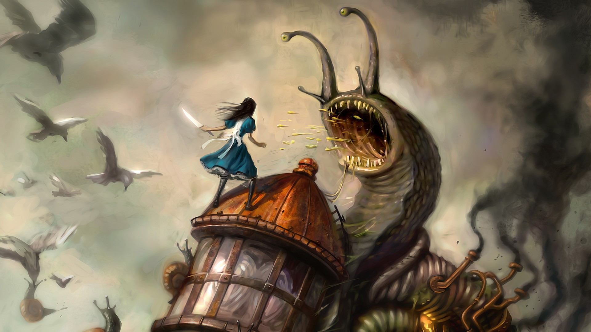 General 1920x1080 video games artwork Alice: Madness Returns video game girls fantasy art creature video game characters video game art birds knife blue dress