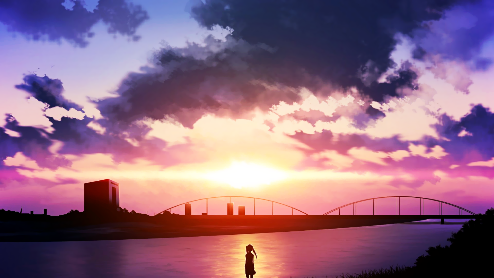 Anime 1920x1080 anime sunset river sky clouds anime girls women women outdoors standing