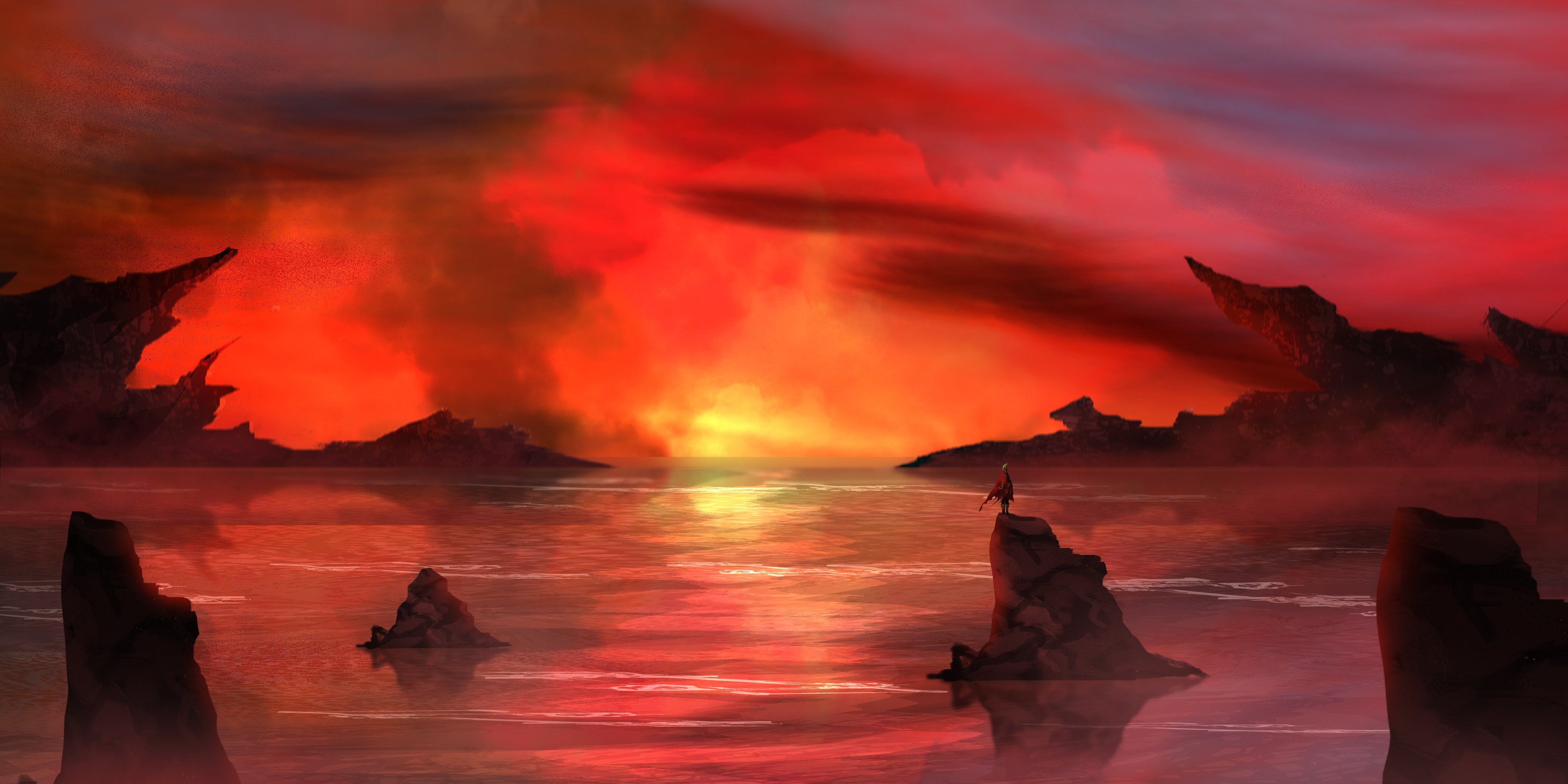 General 3600x1800 red fire smoke water river fantasy art DeviantArt digital art
