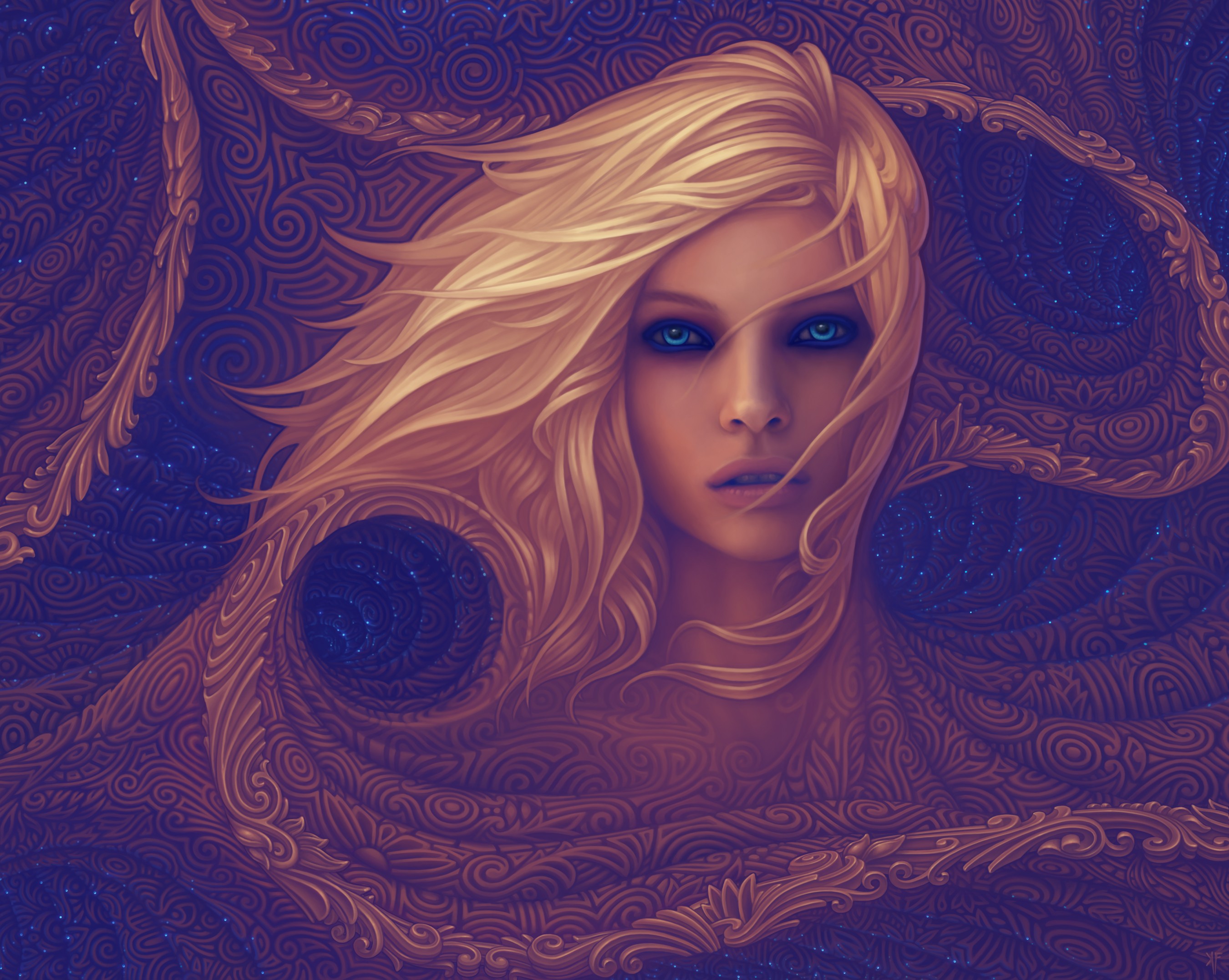 General 2700x2154 face women abstract blue eyes digital art artwork fantasy art fantasy girl long hair parted lips hair in face