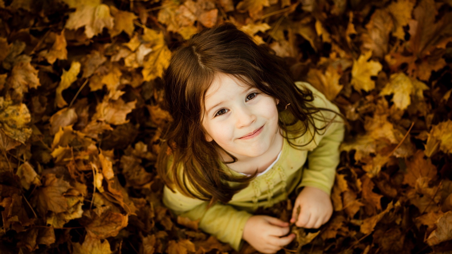 People 1920x1080 smiling children leaves fall brown eyes brunette brown maple leaves