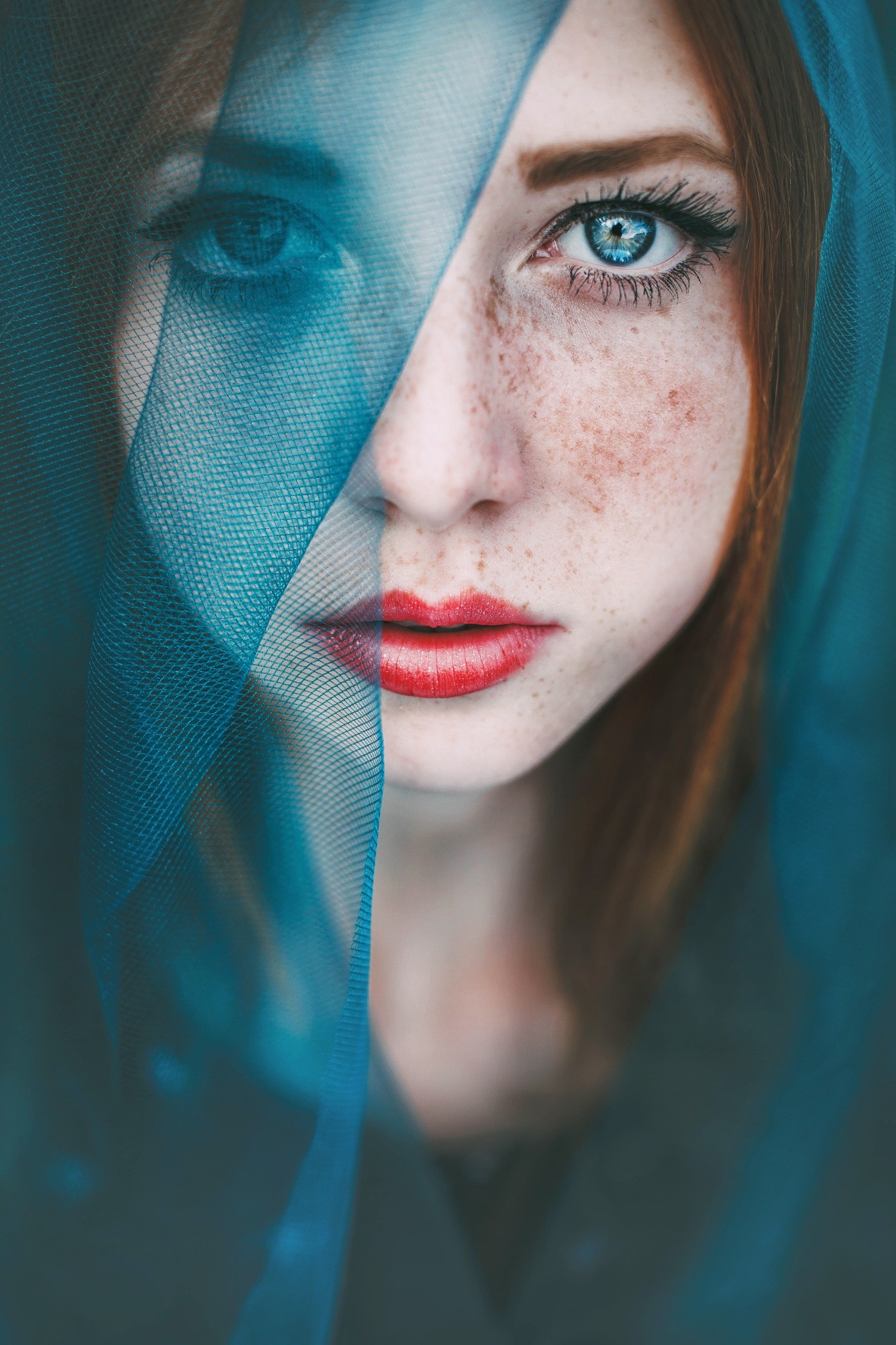 People 1365x2048 women blue eyes redhead veils red lipstick face closeup portrait freckles looking at viewer model lipstick pale