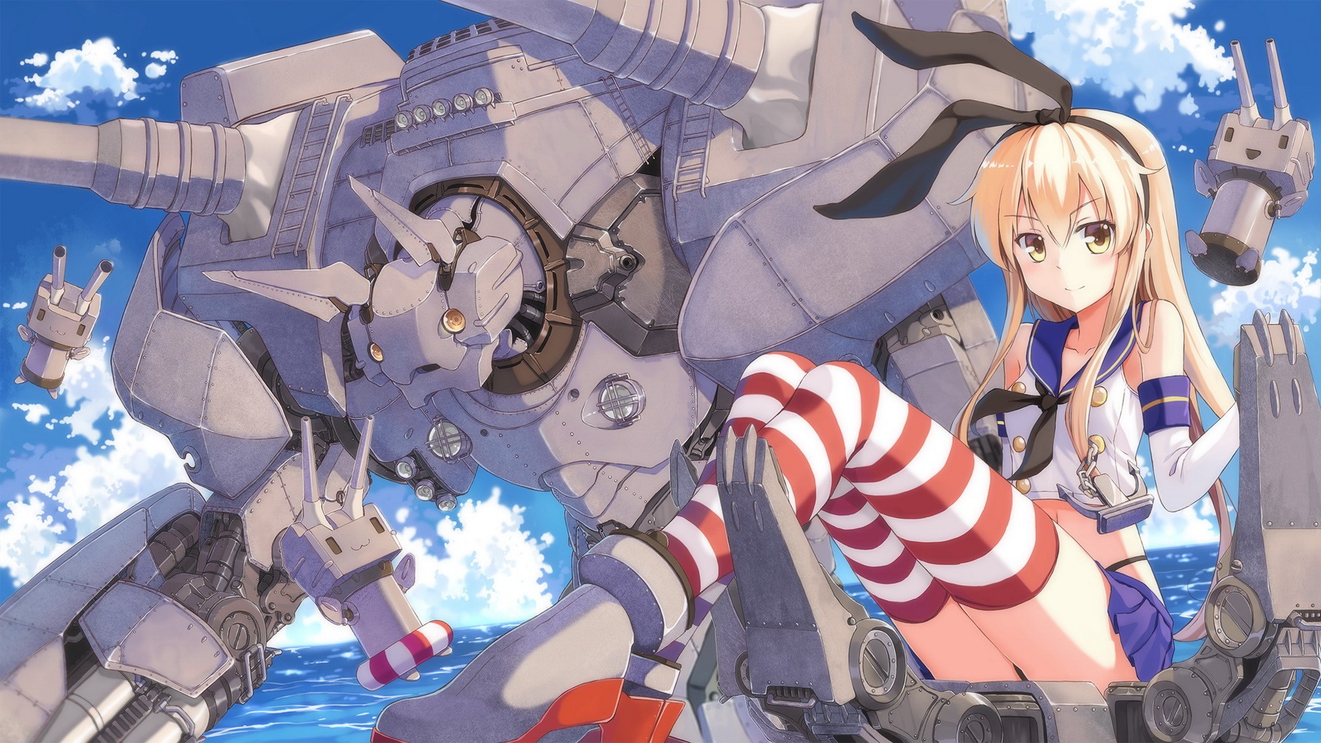 Anime 1920x1080 Kantai Collection Shimakaze (Kancolle) anime girls anime stockings legs blonde yellow eyes bunny ears striped stockings looking at viewer legs together bunny girl mechs