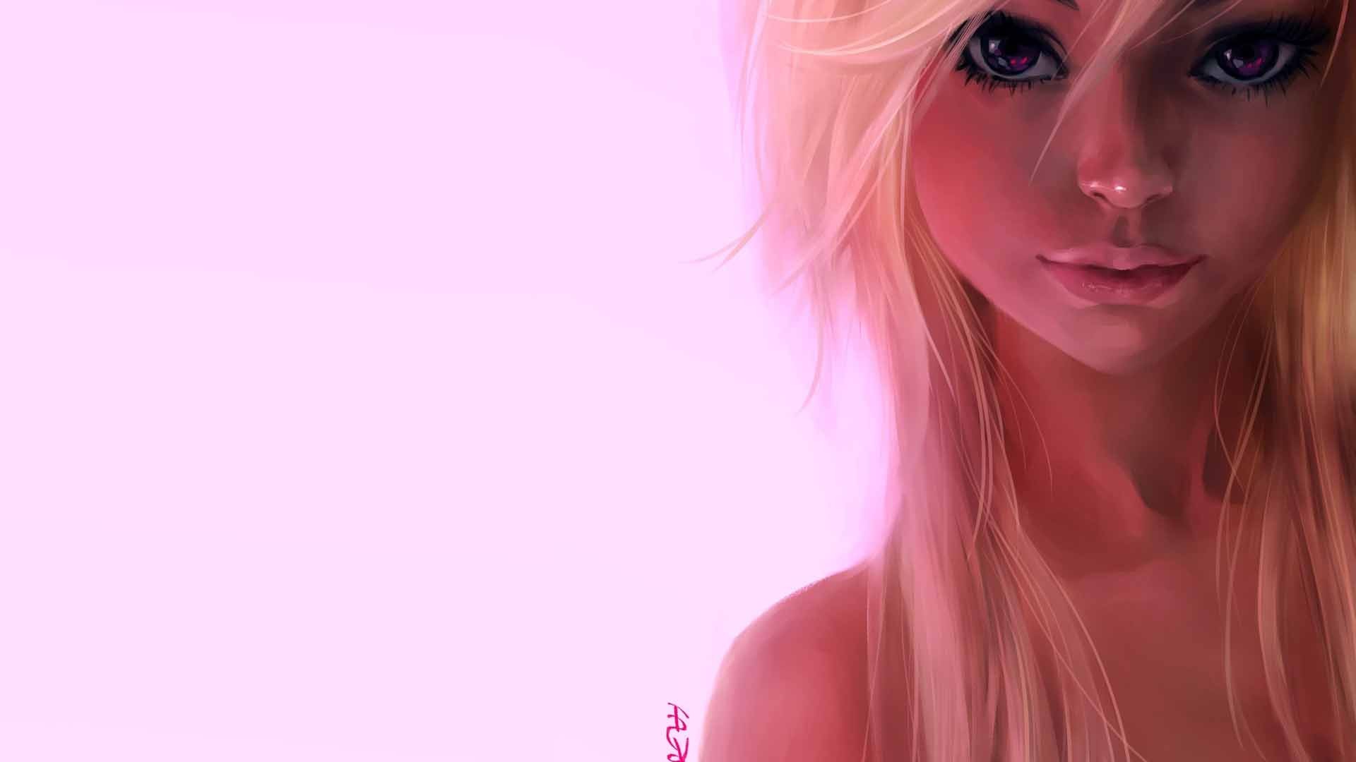 Anime 1920x1080 blonde anime girls digital art face closeup pink background simple background gradient purple eyes looking at viewer