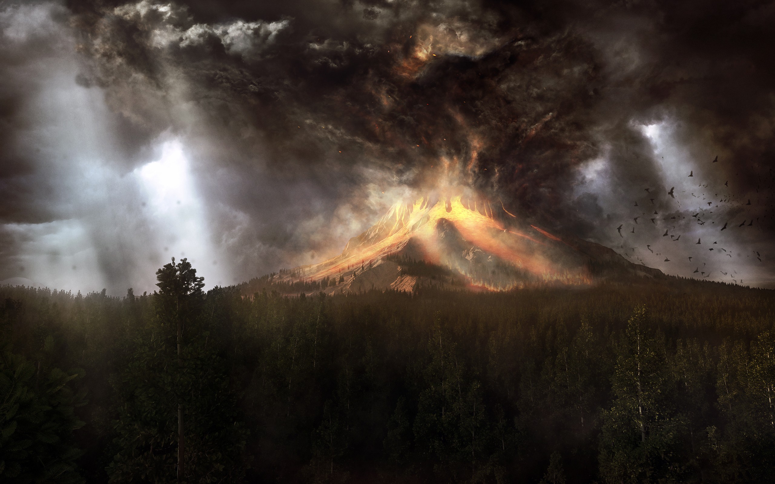 General 2560x1600 artwork forest volcano Yellowstone National Park USA digital art nature volcanic eruption