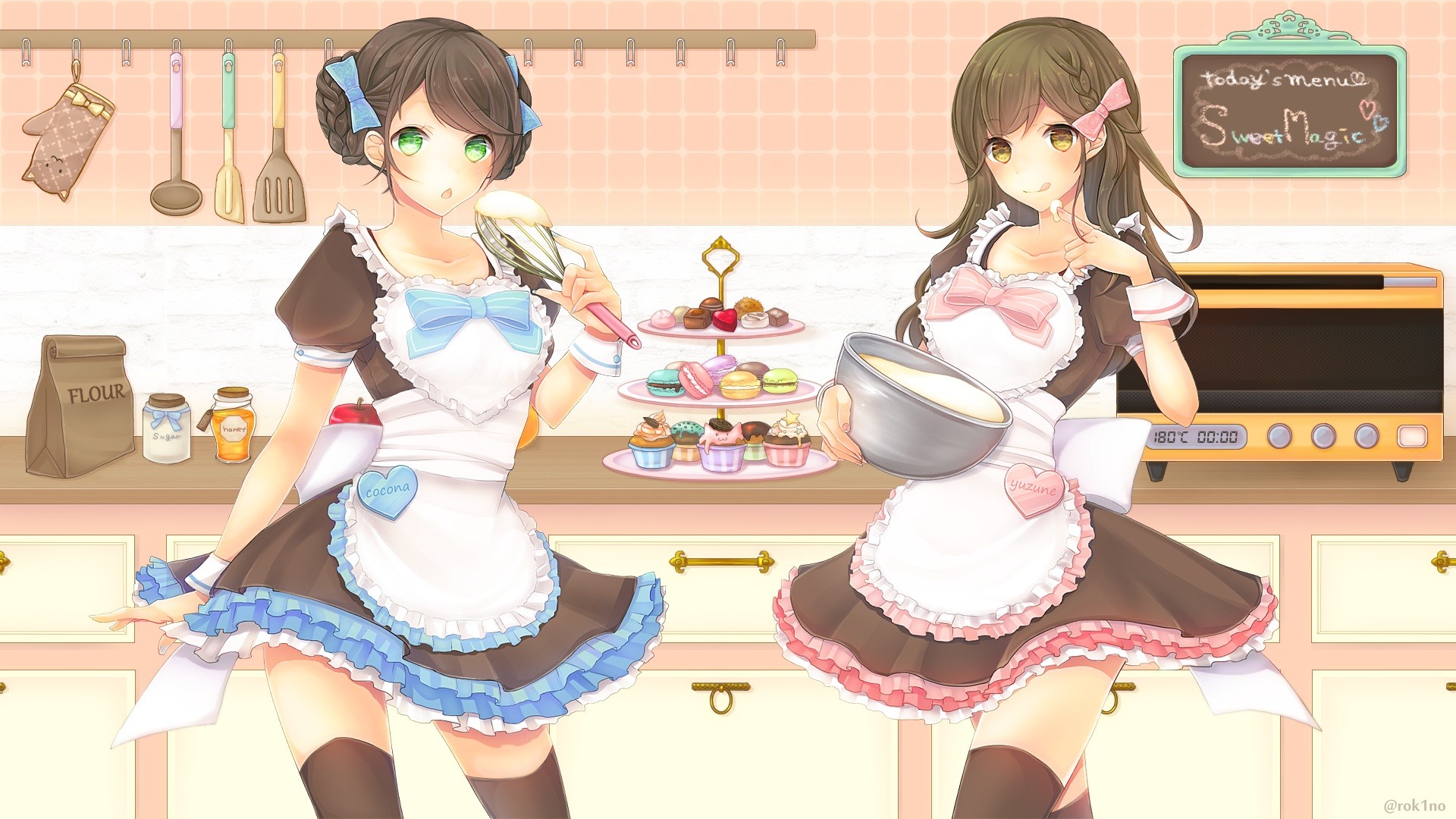 Anime 1920x1080 anime girls anime brunette green eyes baking two women women indoors sweets food standing