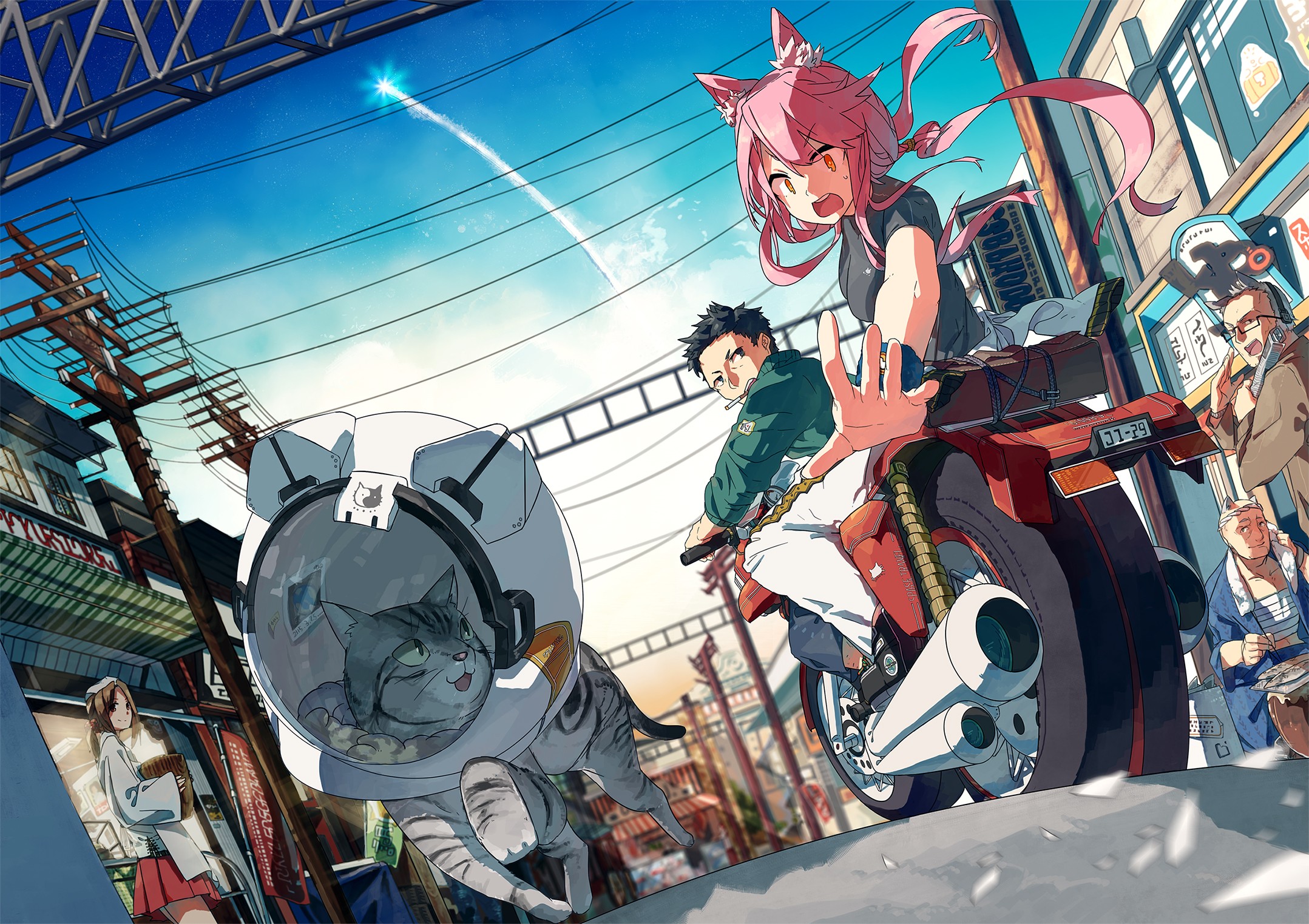 Anime 2157x1523 motorcycle vehicle cats anime girls anime animal ears anime boys