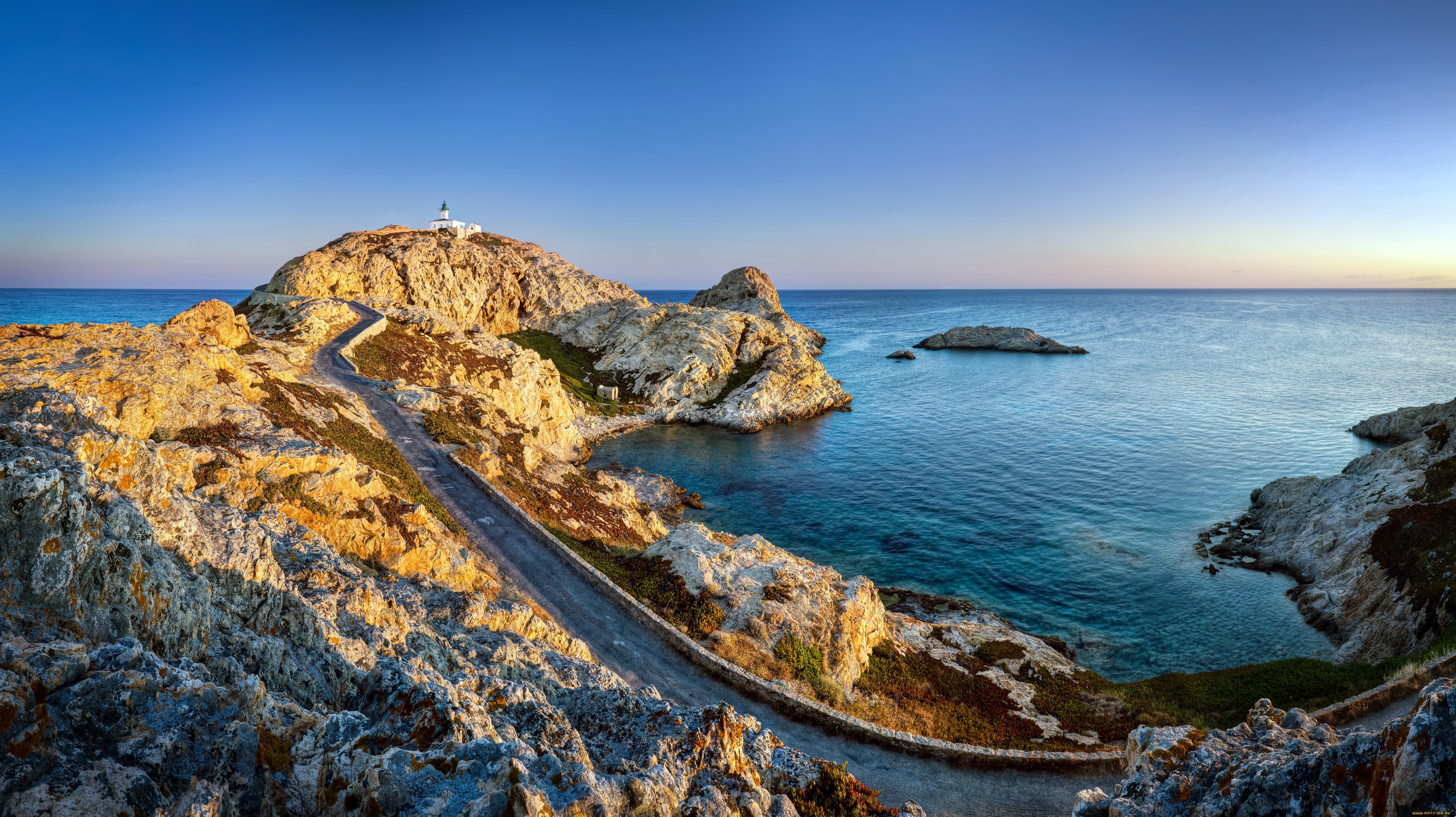 General 5000x2807 road coast landscape lighthouse sea Corsica nature