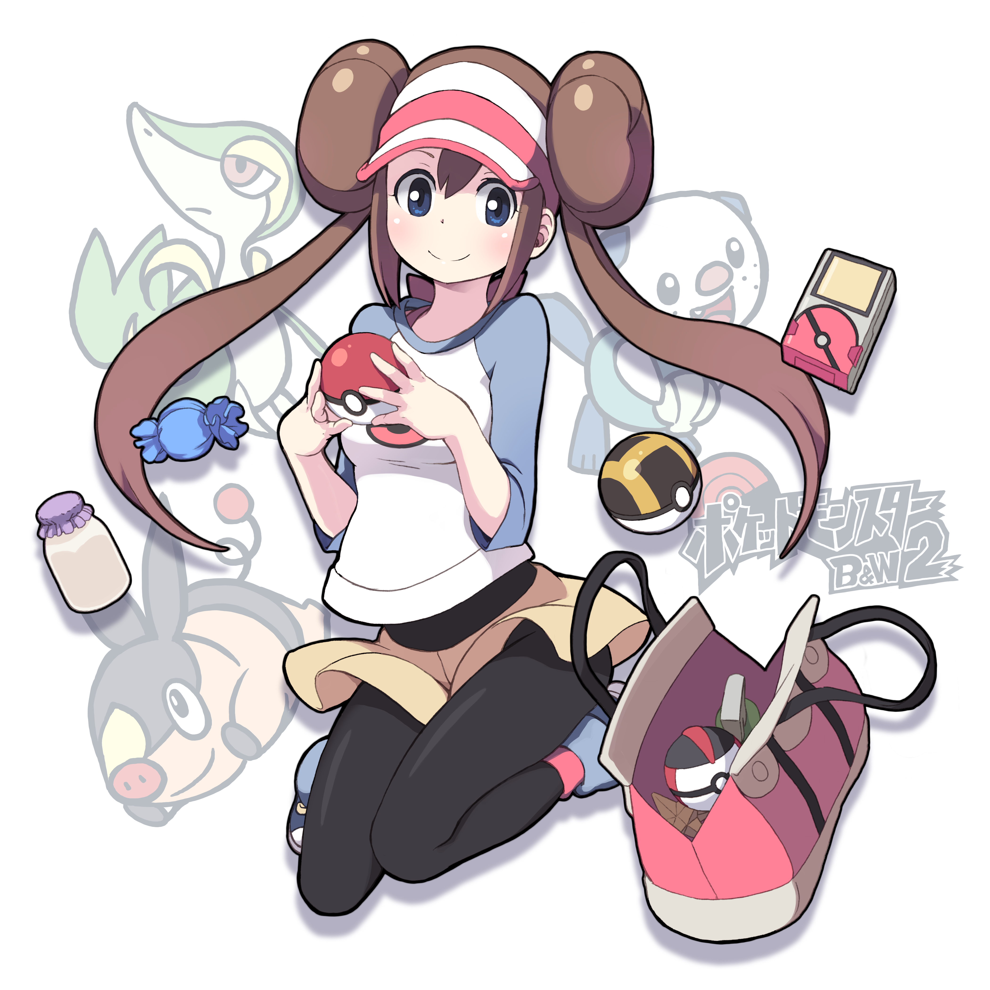 Anime 4200x4200 anime anime girls skirt pantyhose Pokémon bag smiling brunette long hair legs together white background looking at viewer blue eyes