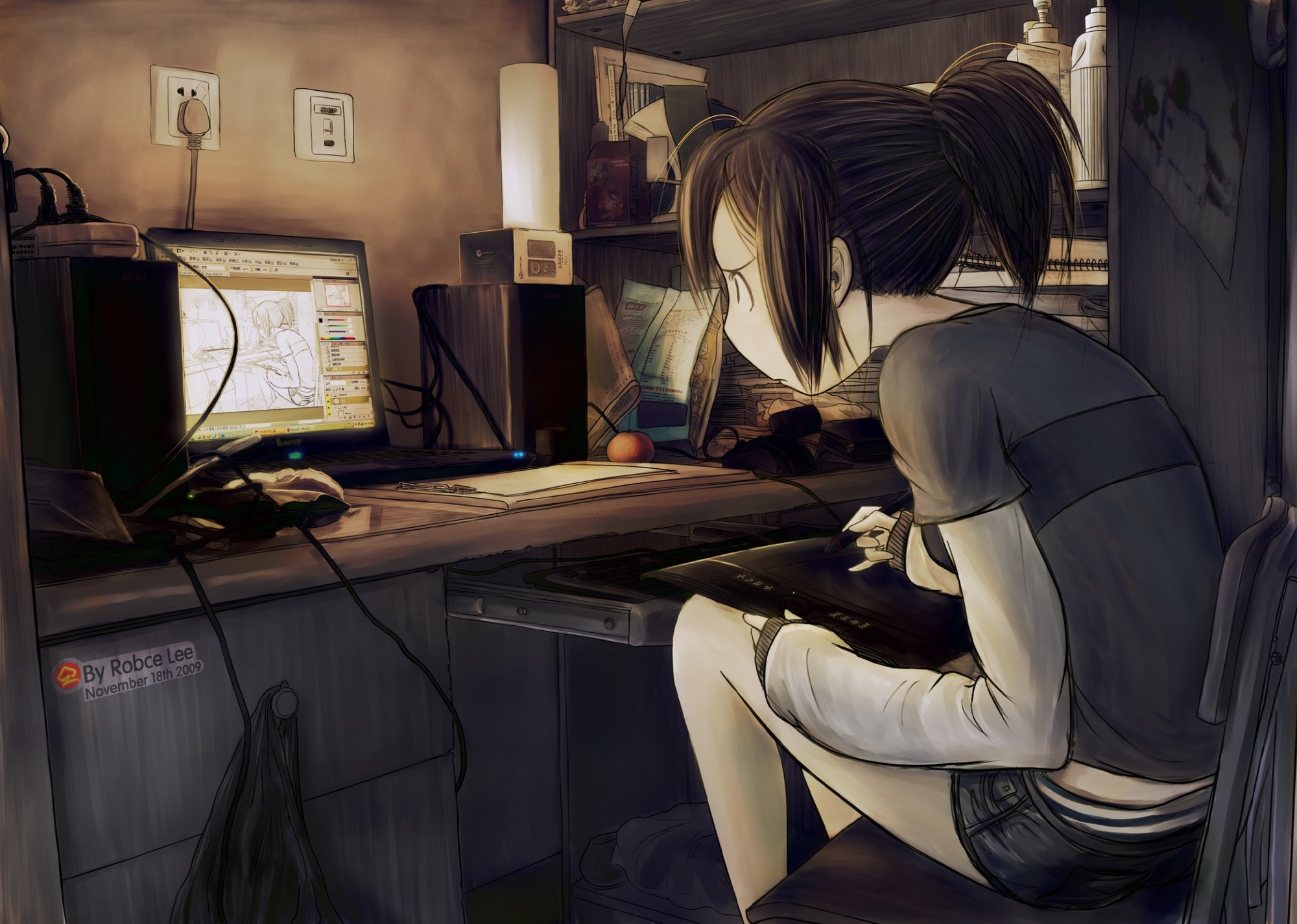Anime 2000x1425 detailed computer anime girls original characters anime graphics tablets wacom sitting women indoors indoors drawing Robce Lee
