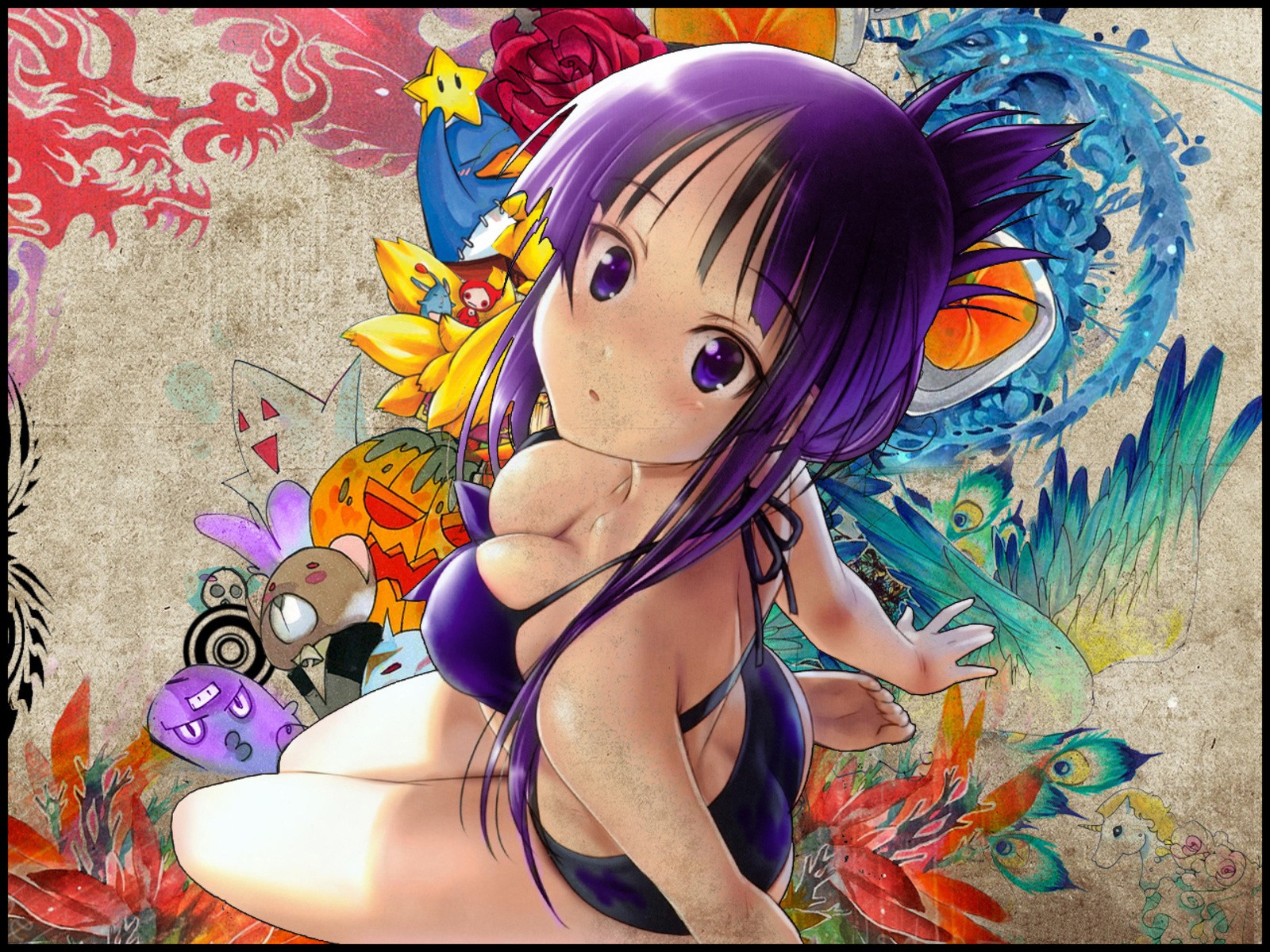 Anime 1600x1200 anime anime girls colorful K-ON! Akiyama Mio Snyp purple hair purple eyes kneeling cleavage looking at viewer bikini