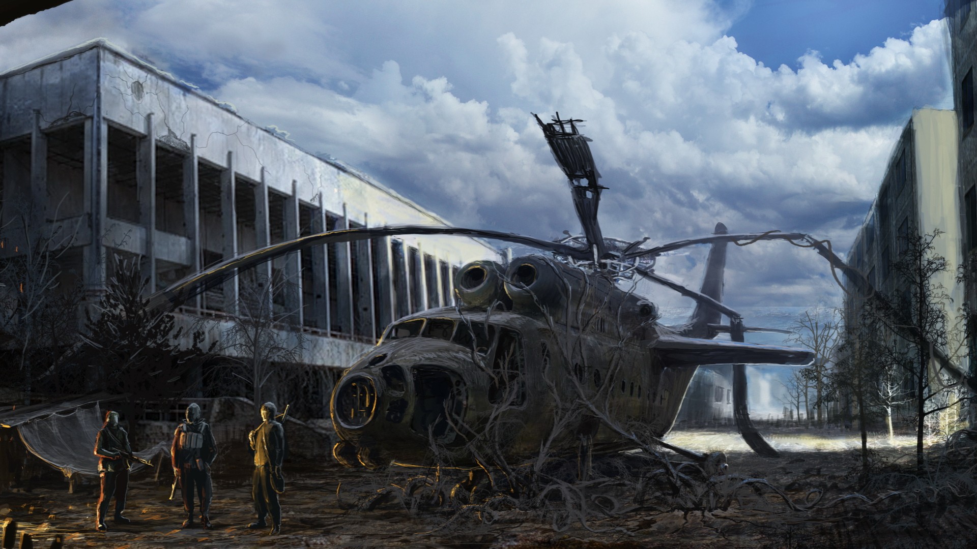 General 1920x1080 digital art fantasy art drawing men soldier helicopters apocalyptic building clouds roots trees S.T.A.L.K.E.R. video game art PC gaming wreck aircraft ruins artwork