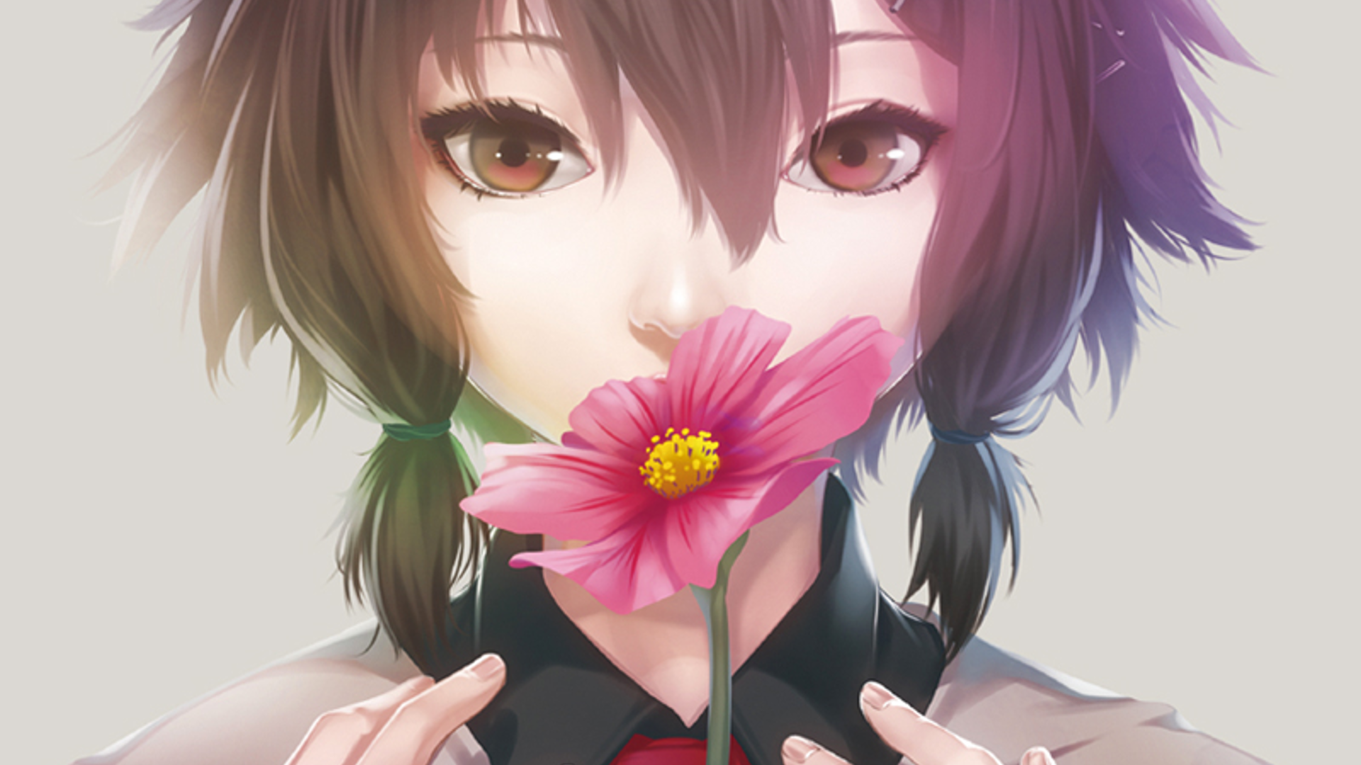 Anime 1920x1080 anime girls flowers closeup soft shading brunette brown eyes anime face looking at viewer plants hair in face white background simple background