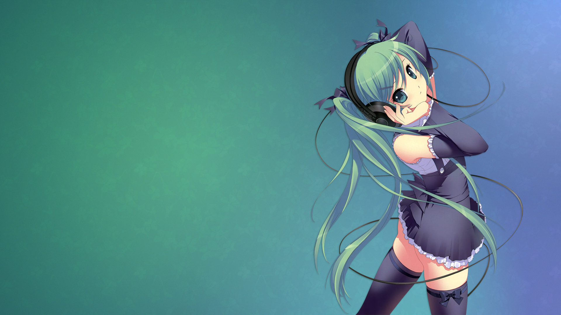 Anime 1920x1080 anime anime girls gradient Scope10 Hatsune Miku Vocaloid simple background green background blue eyes headphones looking at viewer standing long hair