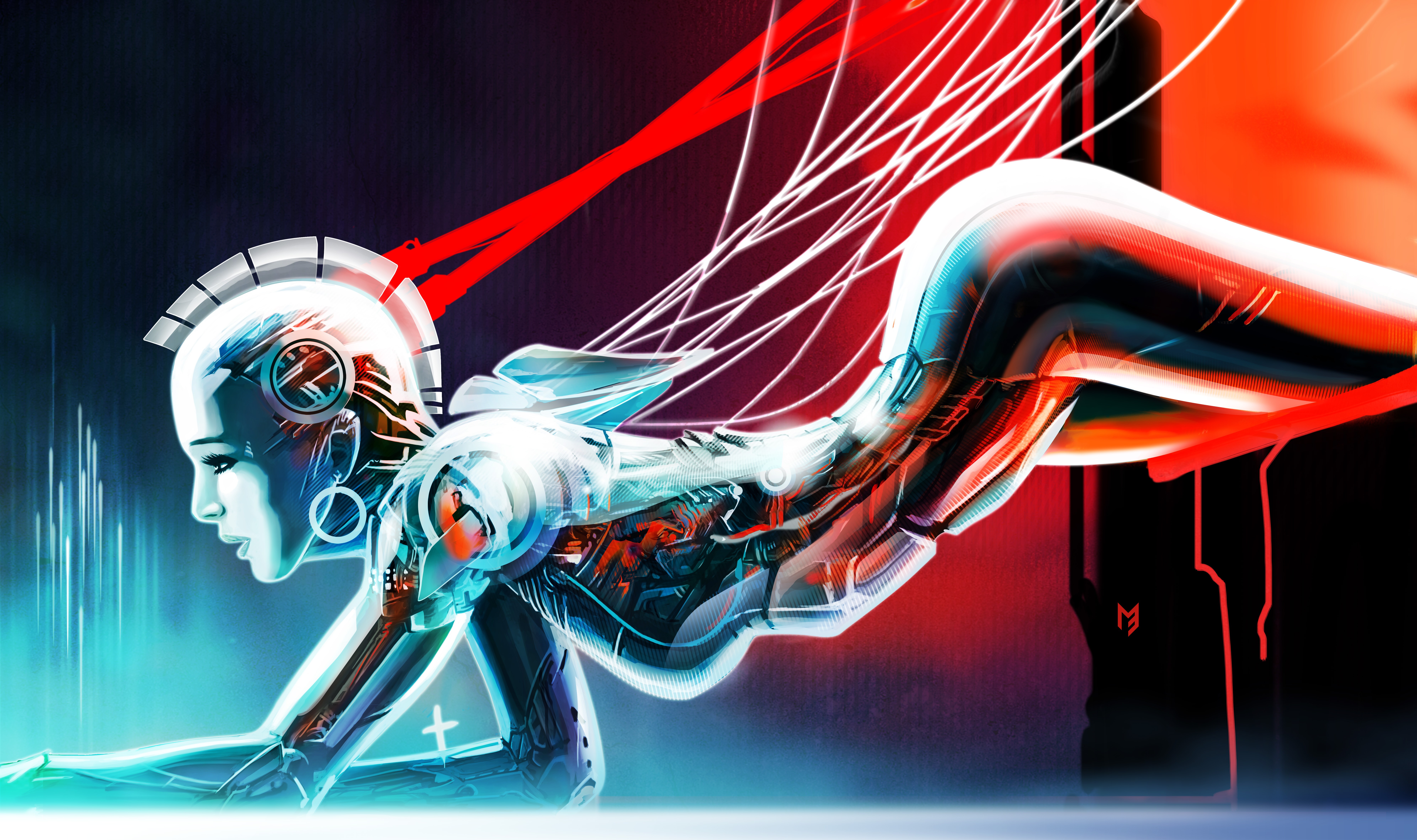 General 7969x4724 artwork concept art cyborg women digital art cyan red science fiction DeviantArt