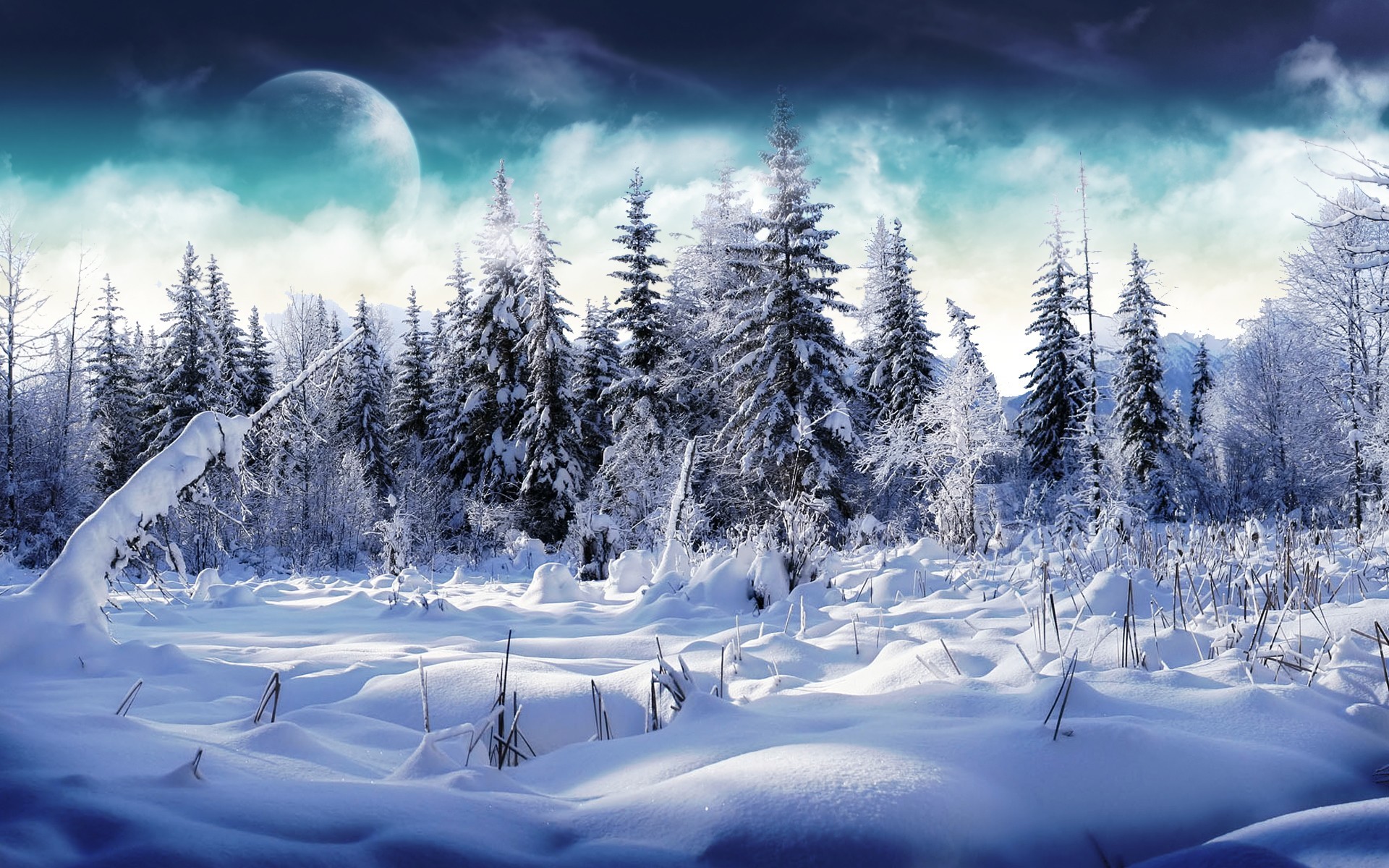 General 1920x1200 winter Moon trees snow mountains nature digital art planet space art landscape cold ice outdoors photo manipulation