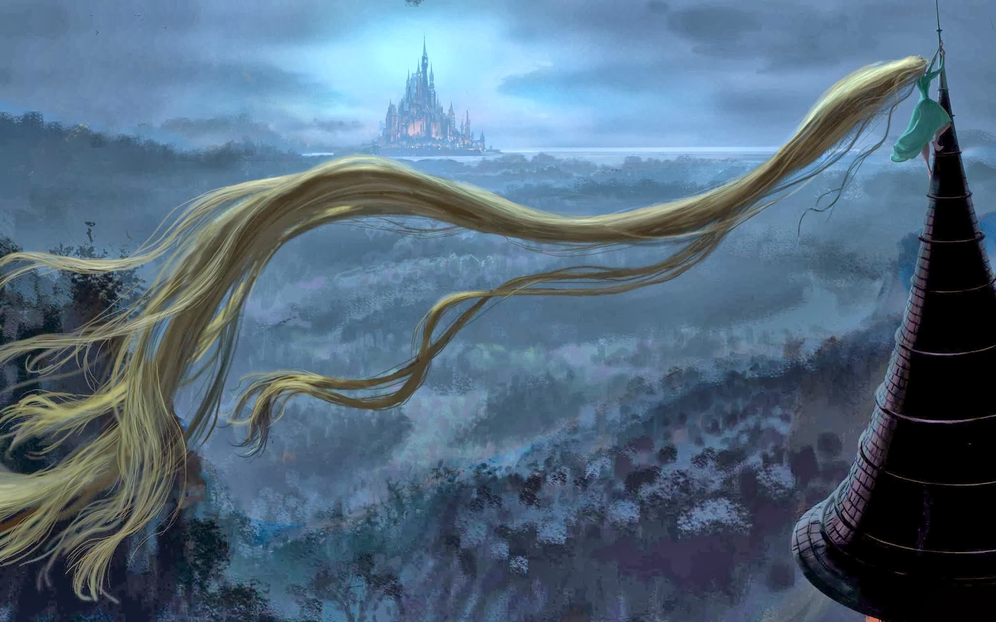 General 2048x1280 fantasy art Rapunzel women outdoors blonde long hair castle fantasy girl