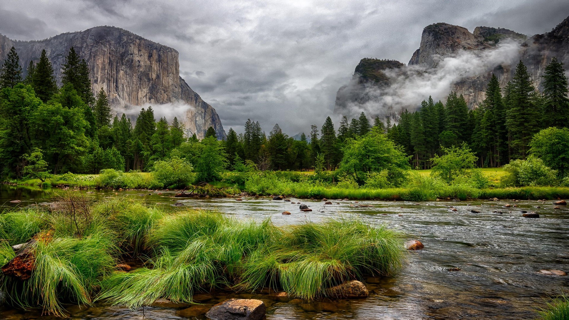 General 1920x1080 nature landscape river mountains pine trees HDR