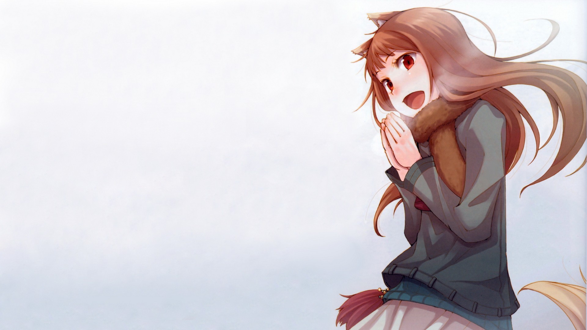 Anime 1920x1080 anime anime girls cold Holo (Spice and Wolf) Spice and Wolf wolf girls simple background white background animal ears brunette long hair red eyes open mouth