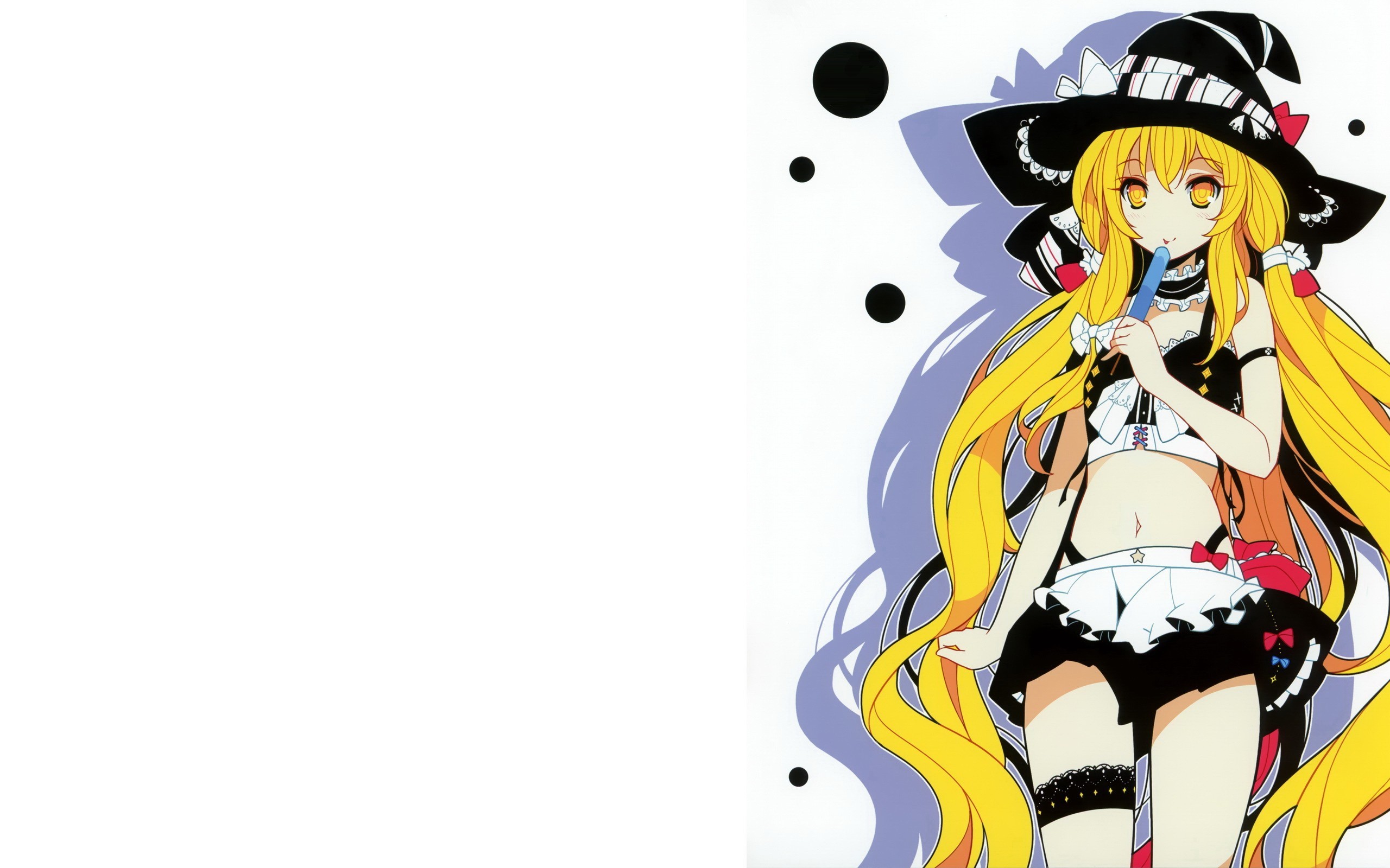 Anime 2560x1600 Touhou Kirisame Marisa anime girls anime blonde hat women with hats witch hat long hair food sweets popsicle belly standing simple background white background