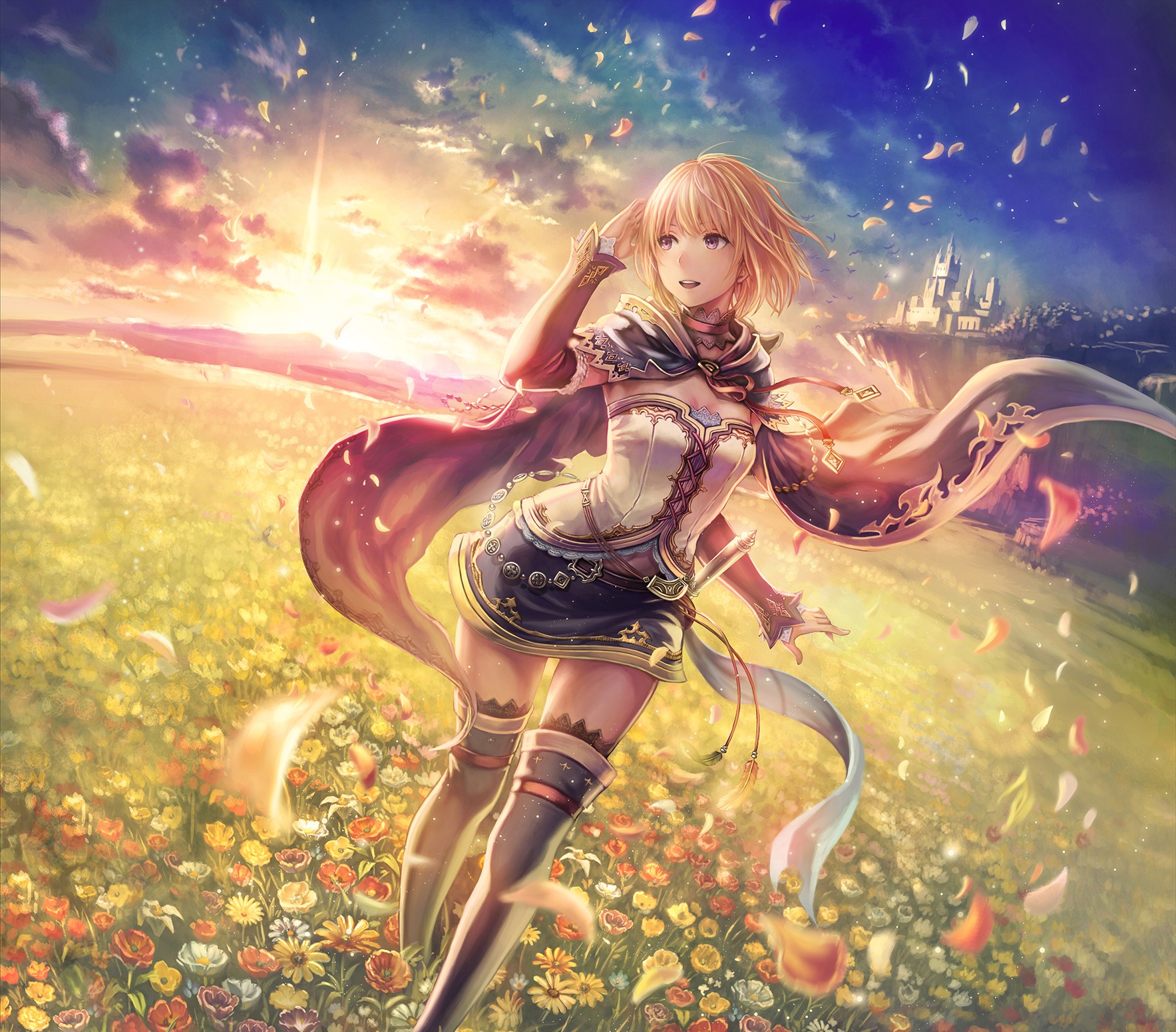 Anime 1767x1552 thigh-highs original characters anime fantasy art fantasy girl field flowers plants blonde sky sunlight women outdoors outdoors Pixiv