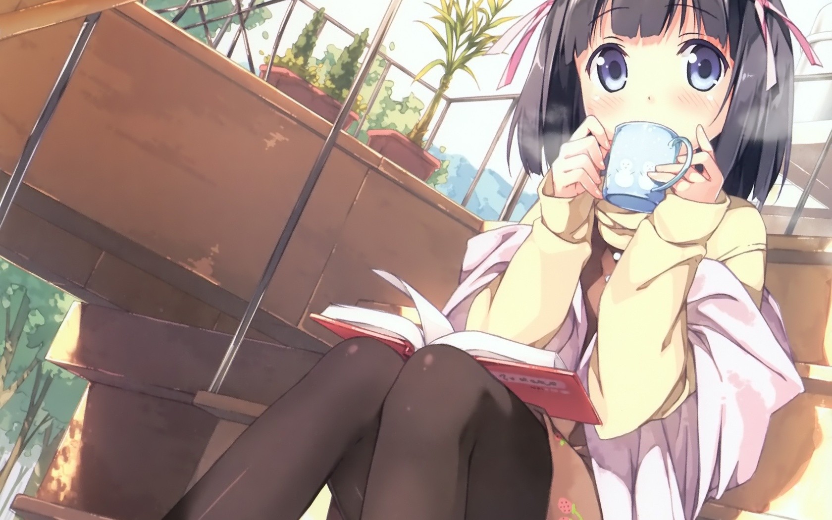 Anime 1680x1050 anime girls anime Kantoku The World God Only Knows Shiomiya Shiori legs knees together purple eyes indoors sitting cup looking at viewer dark hair